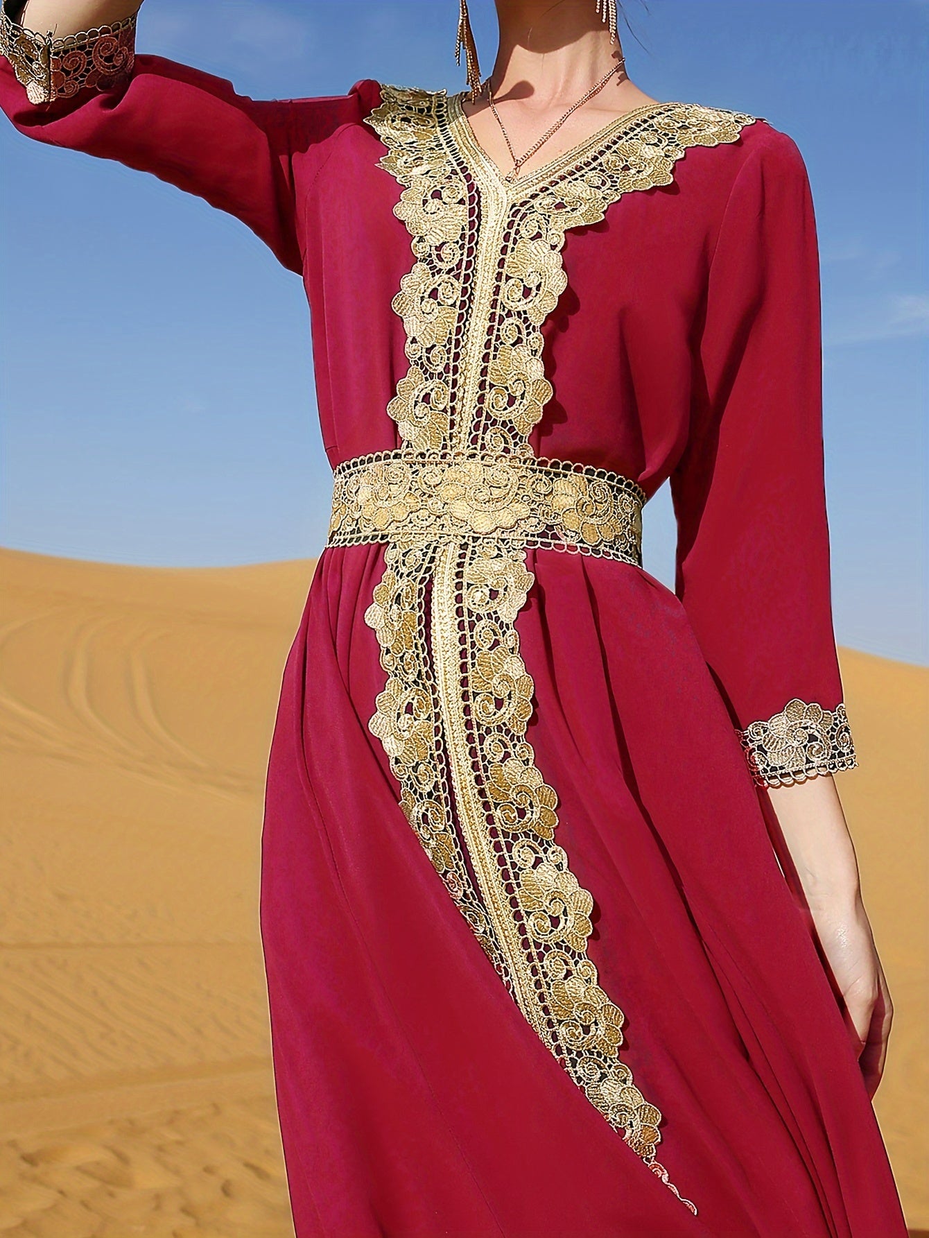 Ramadan Lace Trim V Neck Kaftan, Elegant Long Sleeve 'MH