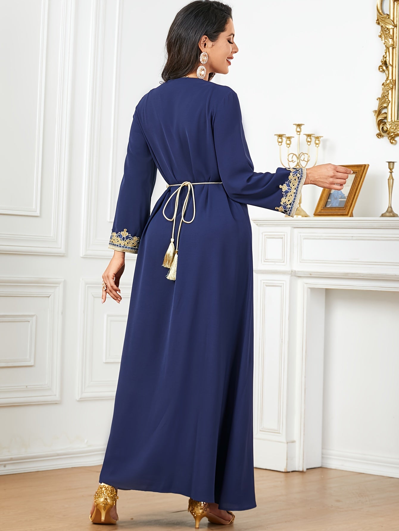 Contrast Lace V-neck Kaftan Dress, Elegant Long Sleeve'/MH