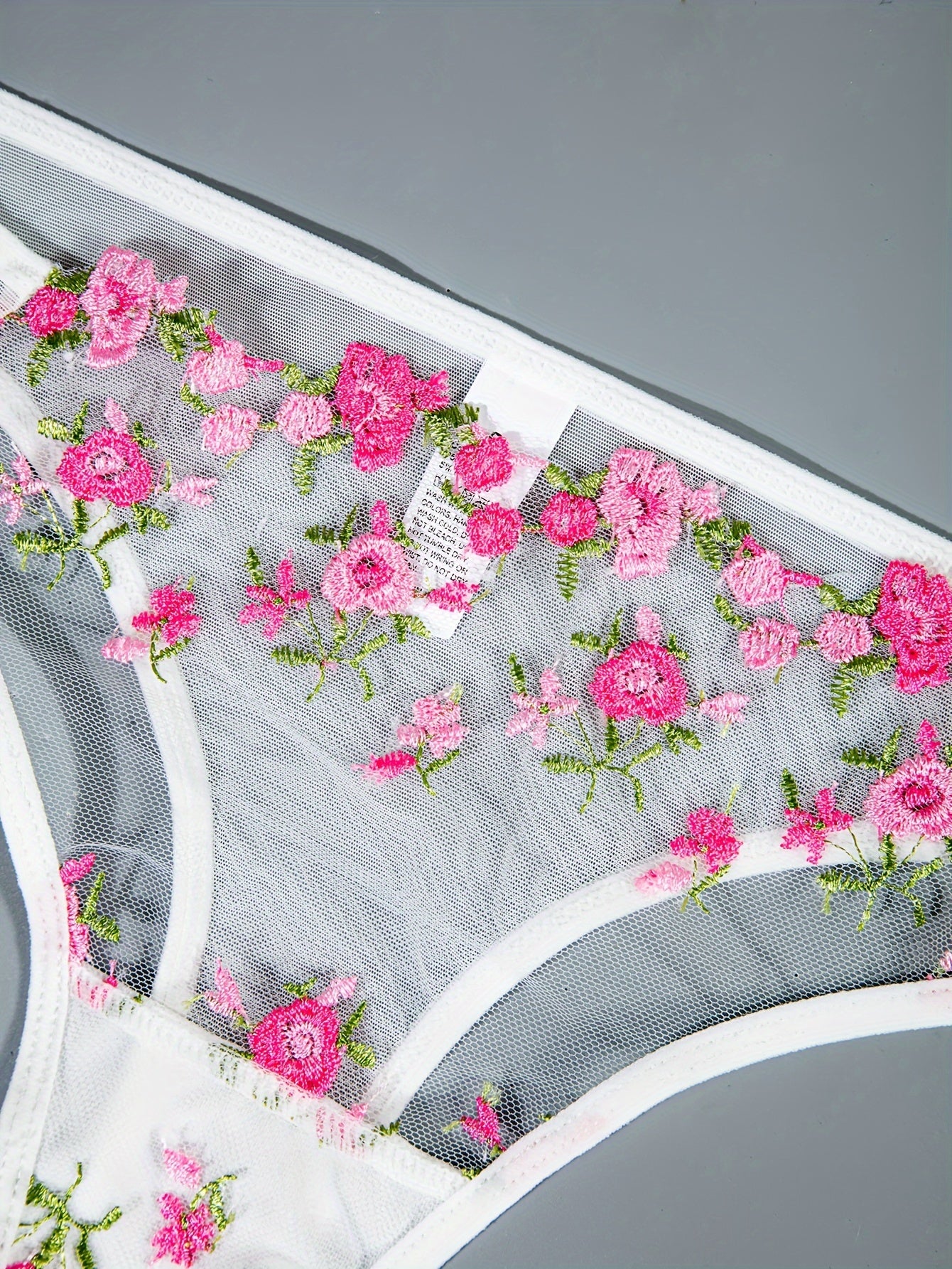 1 Set Floral Embroidery Lingerie Set, Mesh Semi Sheer Bra & Panties,/MH