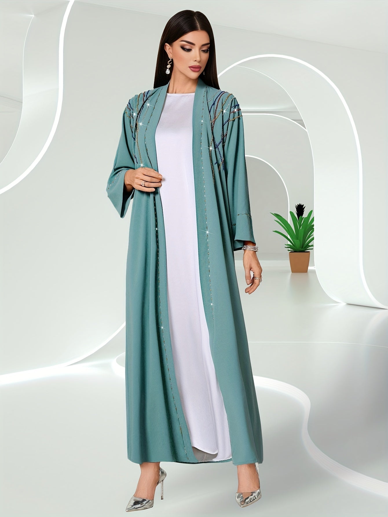 Rhinestone Open Front Kaftan, Elegant 3/4 Sleeve Outerwear'/MH
