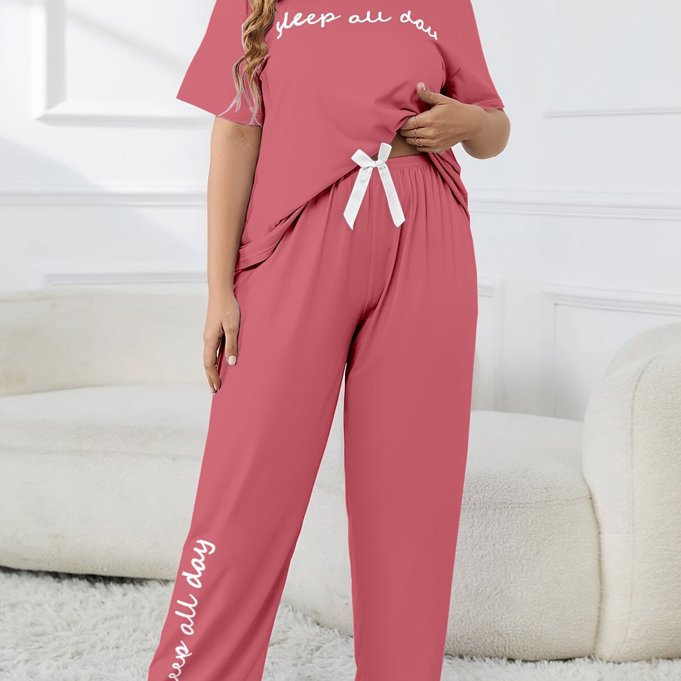 Plus Size Women's Cute Pajama Set, Plus Size Letter Print Short Sleeve Top and Pants Casual 2pcs, Plus Size Pajama Sets