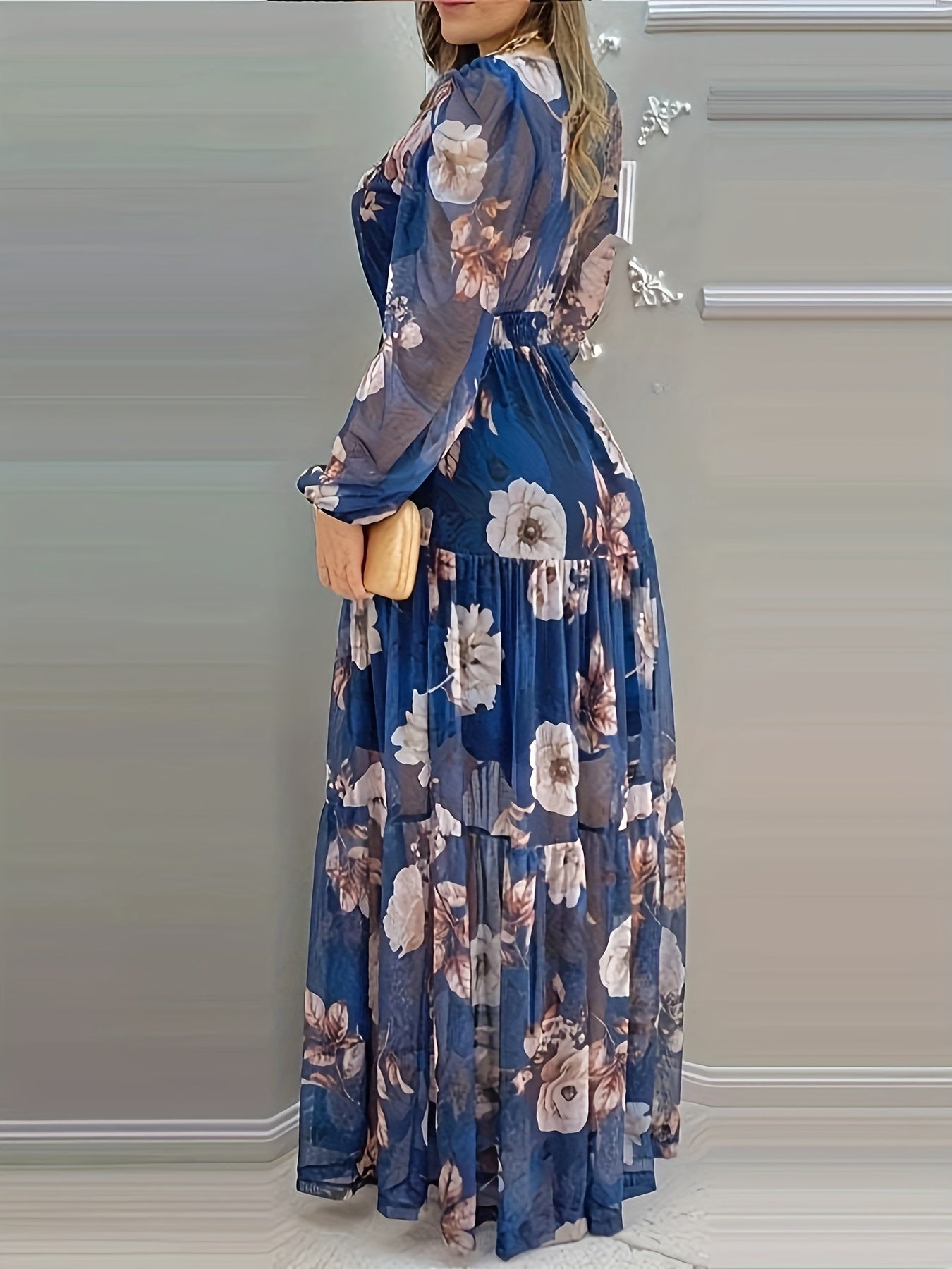 Elegant Floral Print 1pc V-Neck Maxi Dress - ./MH