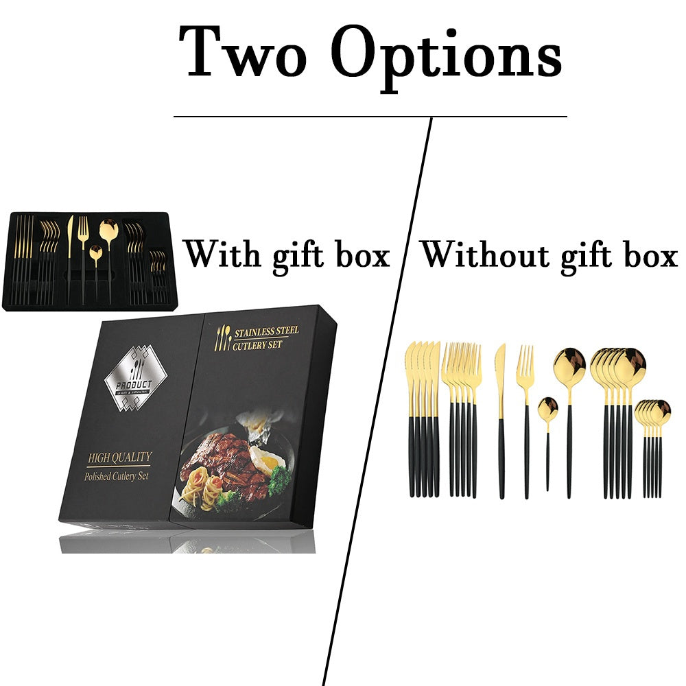24-Piece Luxury Black Handle Golden Cutlery Set - High-Quality Stainless Steel Knife, Fork, and Spoon Tableware Flatware Set for Festival, Kitchen, and Dinnerware - Ideal Gift for Friends and Family
