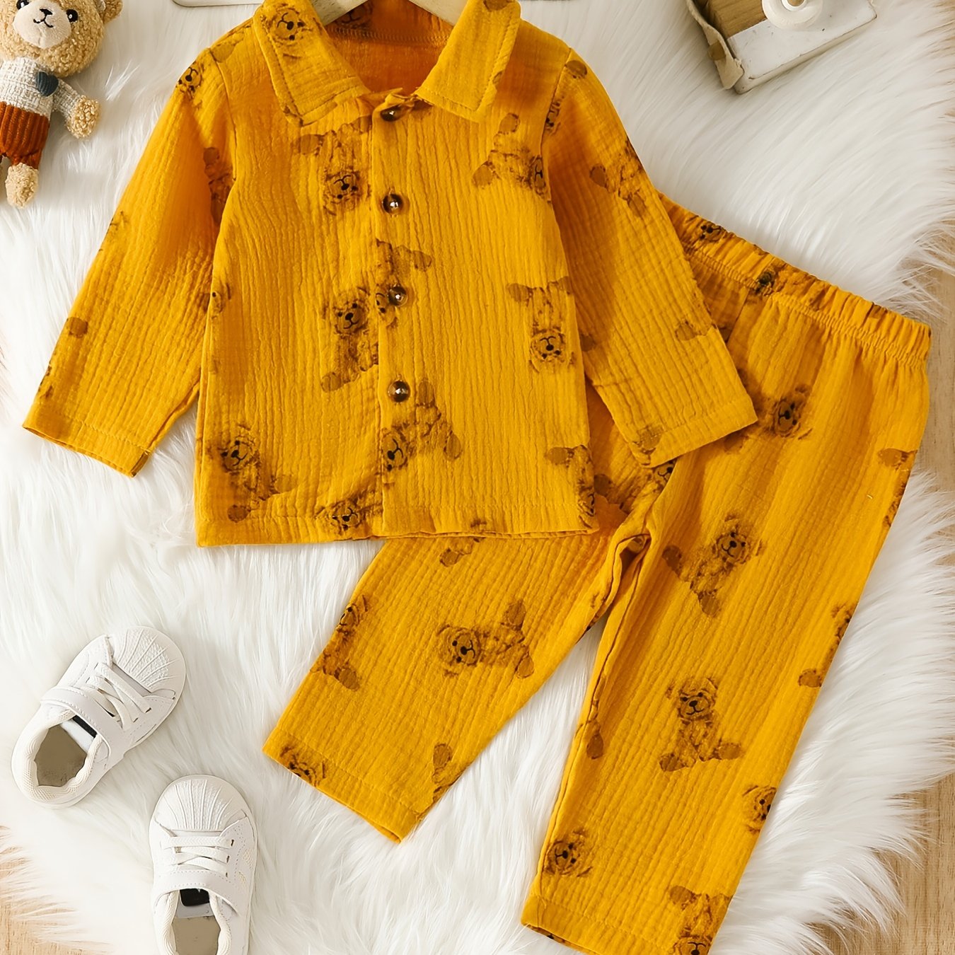 Baby's Cute Cartoon Graphic Pajamas Set Long Sleeve Top & Pants Outfit, Loungewear