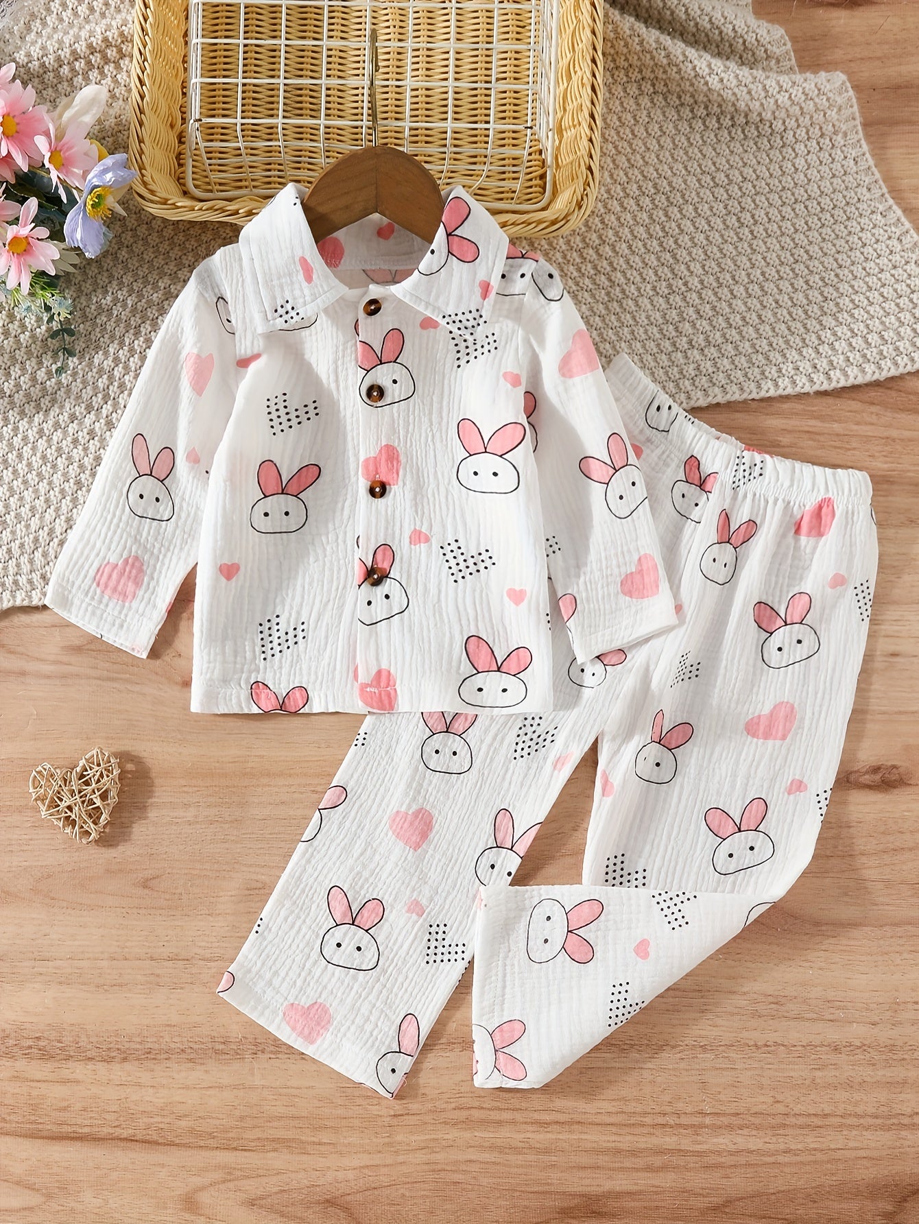 Baby's Cute Cartoon Graphic Pajamas Set Long Sleeve Top & Pants Outfit, Loungewear