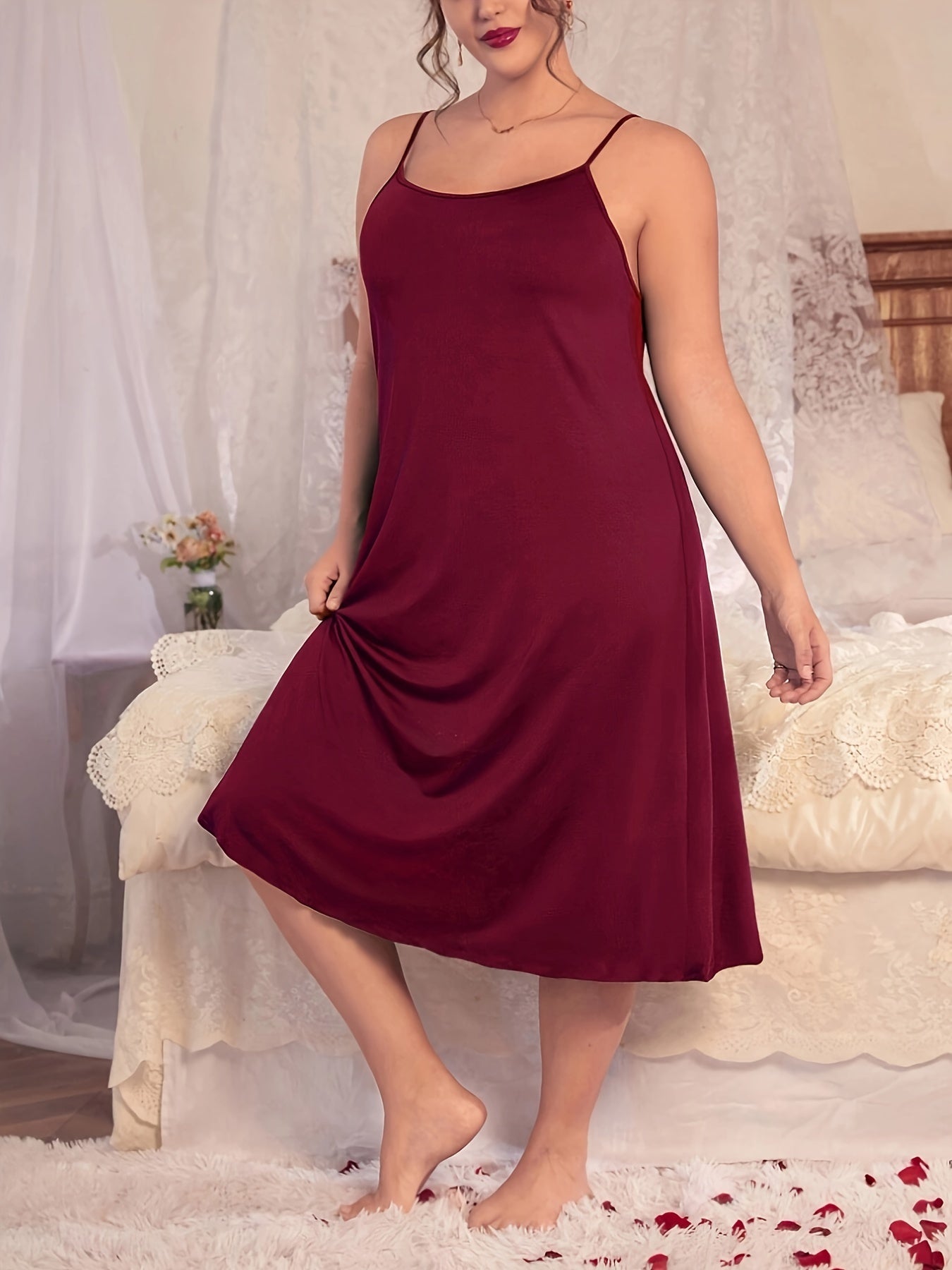 Elegant Off-Shoulder Lace Trim Camisole Night gown ./MH