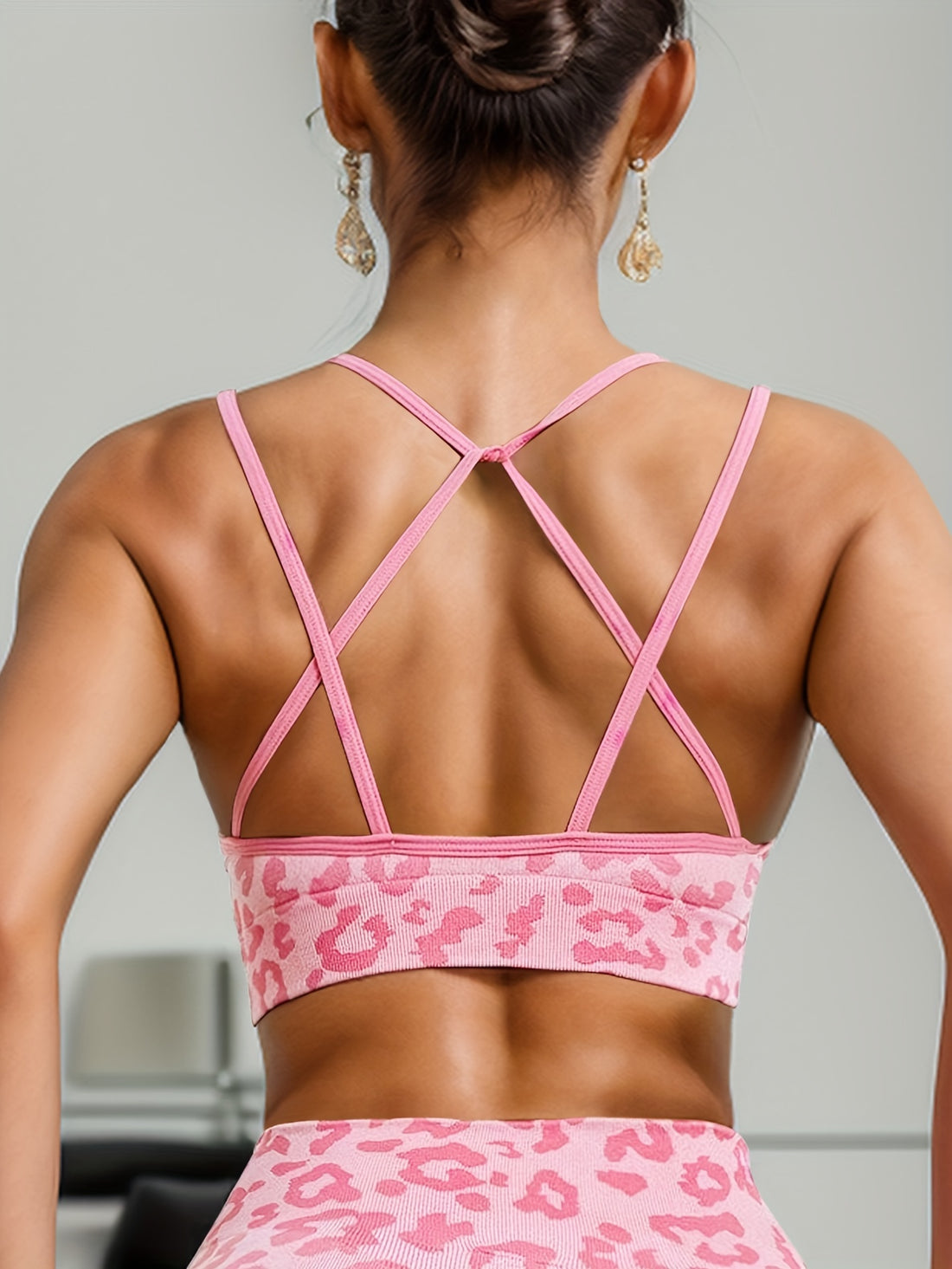 Color Block Leopard Print Seamless Cross Straps Bra, Sexy Comfy Push Up Bra./MH
