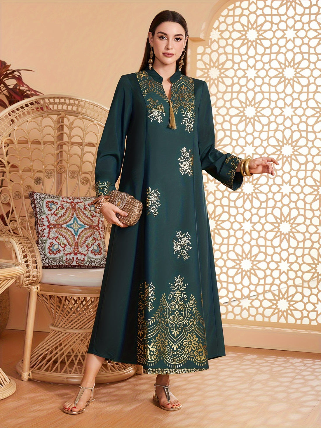 Floral Print V Neck Kaftan Dress, Elegant Long Sleeve Loose Fit Dress, /MH