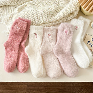 5pcs Women's Cozy Pink Bowknot Plush Socks - /MH