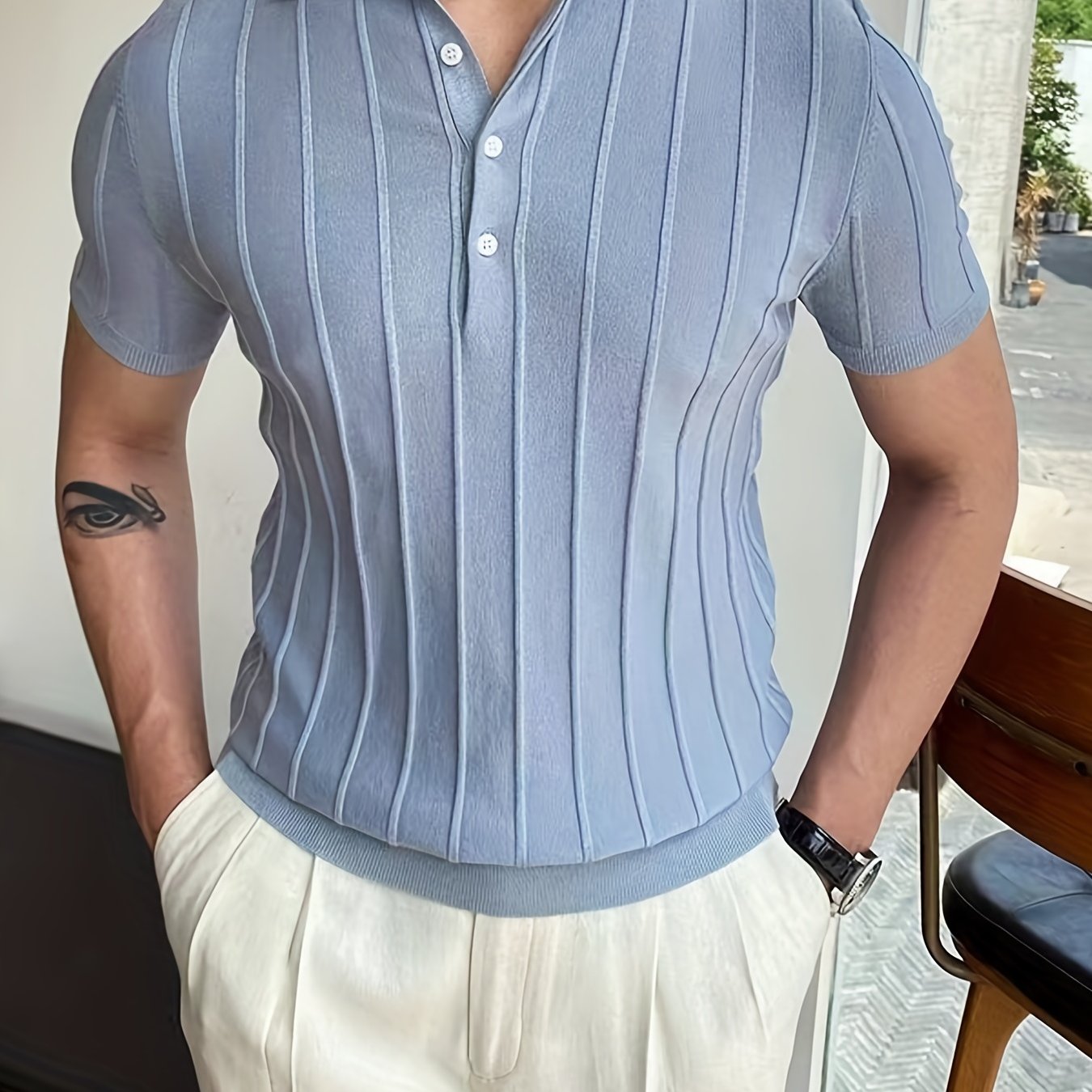 Vertical Striped Chic Shirt, Men's Casual Solid Color High Stretch .