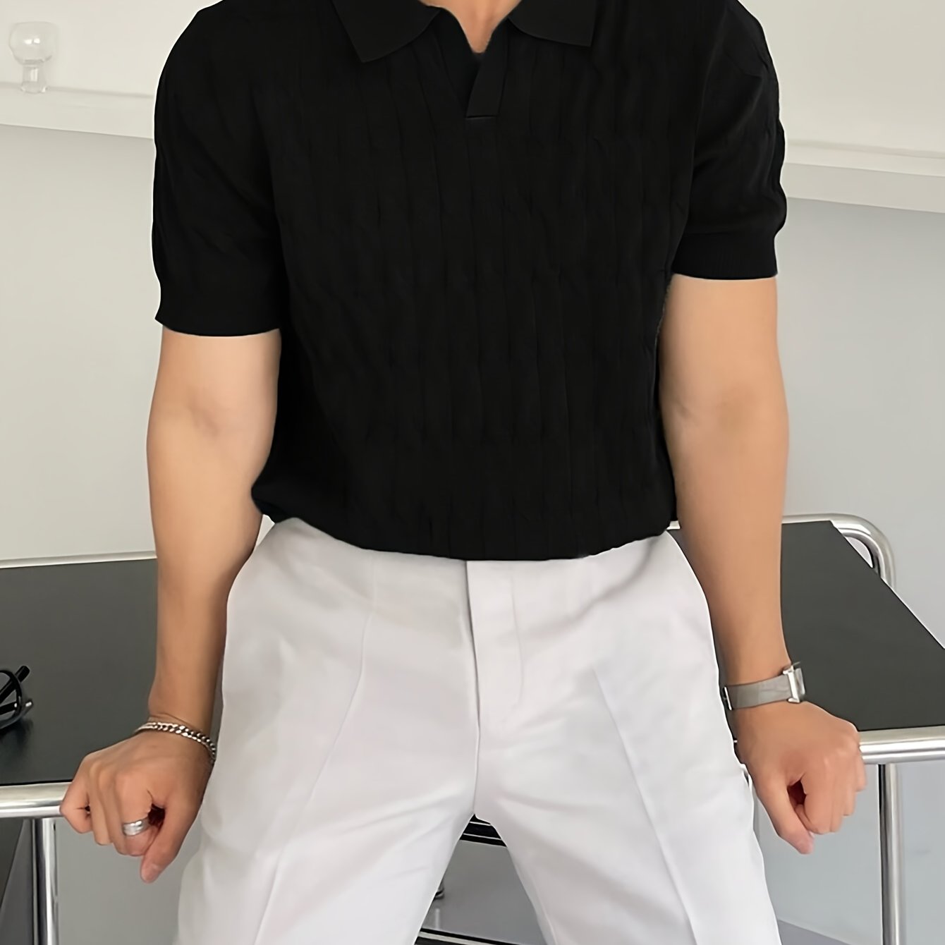 Chic Knit Shirt, Men's Casual Lapel Mid Stretch V-Neck Pullover Sweater