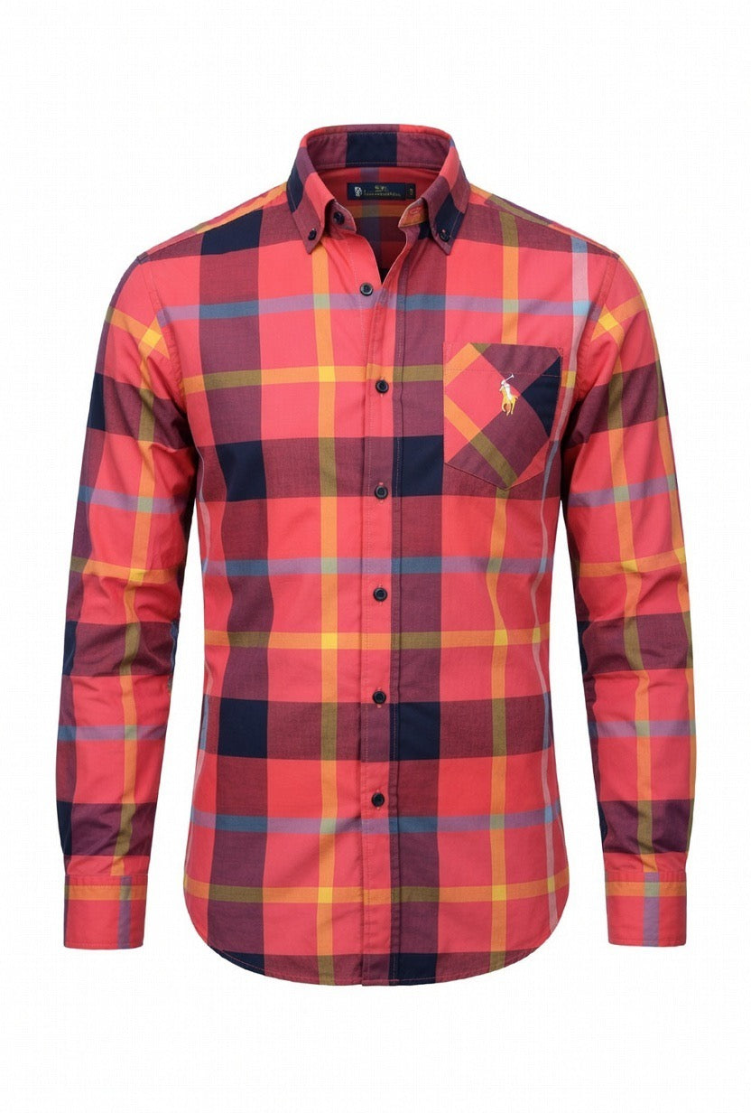 Men’s Coral Red Multicolour Plaid Slim Fit Shirt | Red Navy Yellow Check Long Sleeve | Sizes S–XL | MH