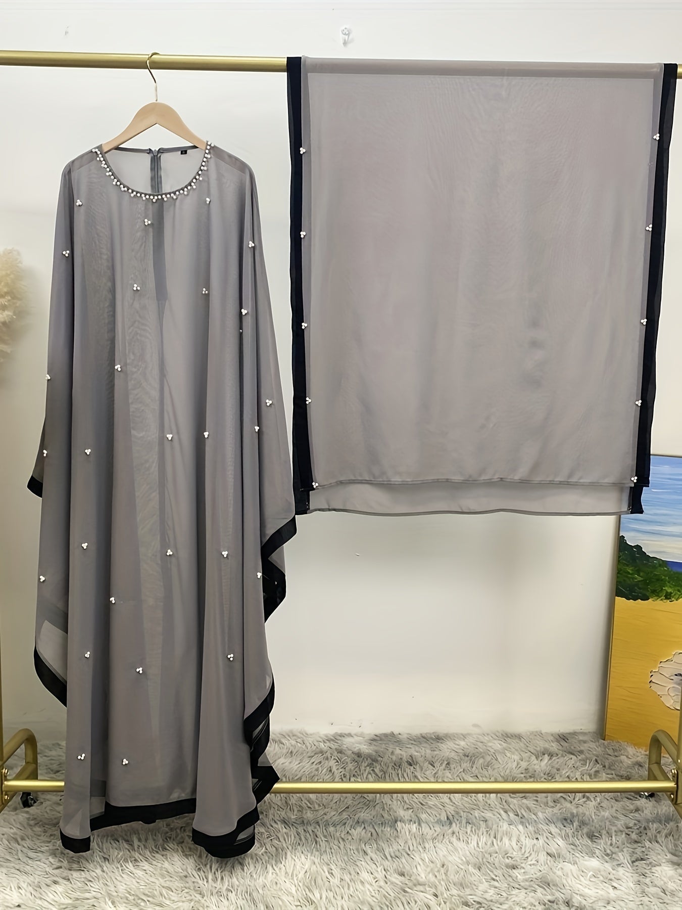 Beaded Contrast Trim Modest Dress, Elegant Batwing Sleeve Loose Maxi '/MH