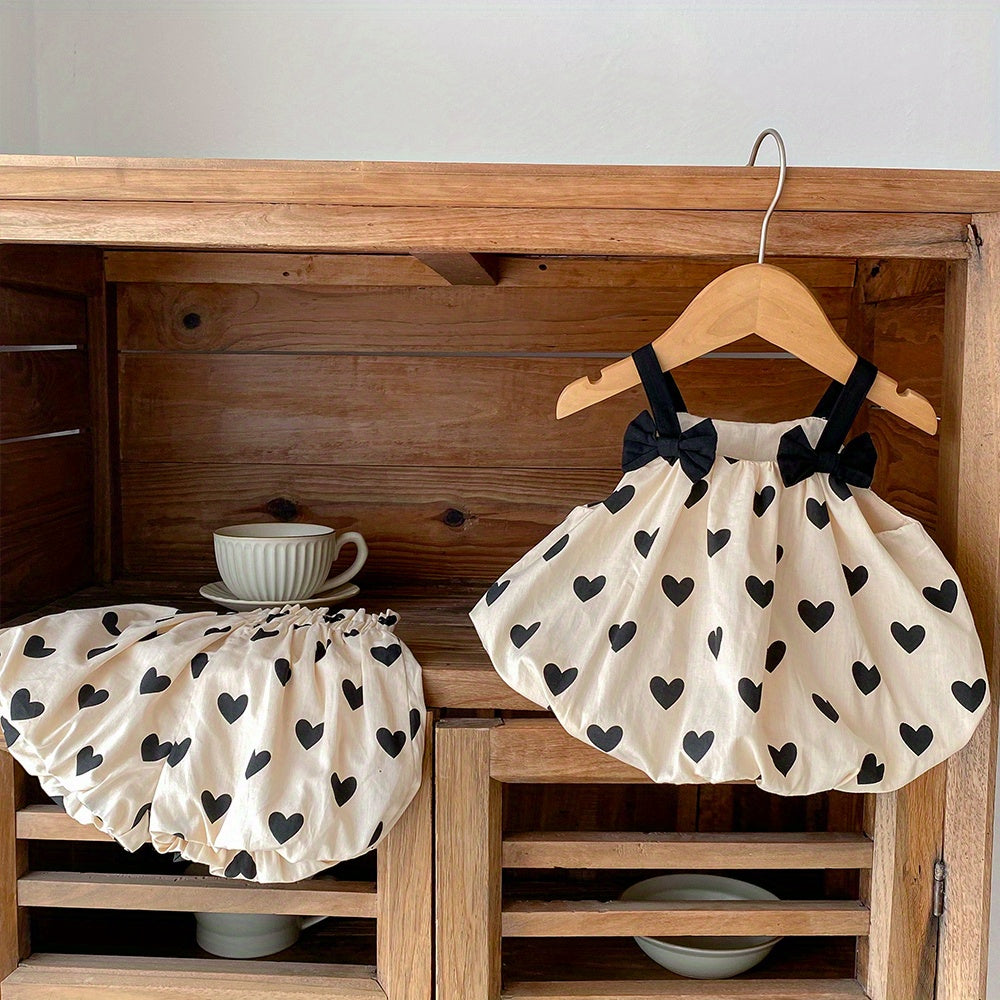 Baby Cotton Sleeveless Bowknot Decor Cami Top+Apricot Love Print Shorts 2pcs Set For Toddler Girls
