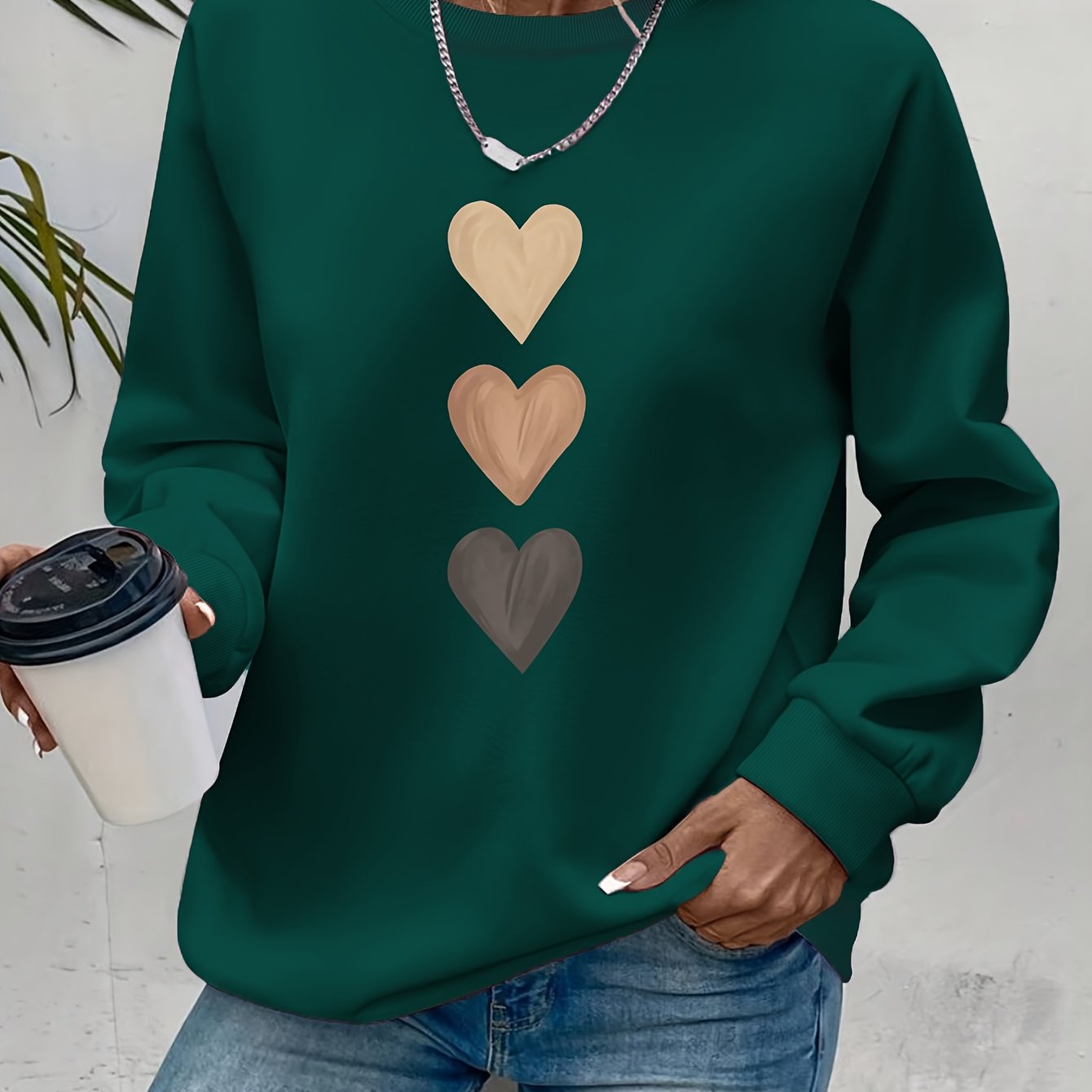 Women'S Long Sleeve Sweatshirt - Soft Pullover Sweater with Brown Heart Pattern,