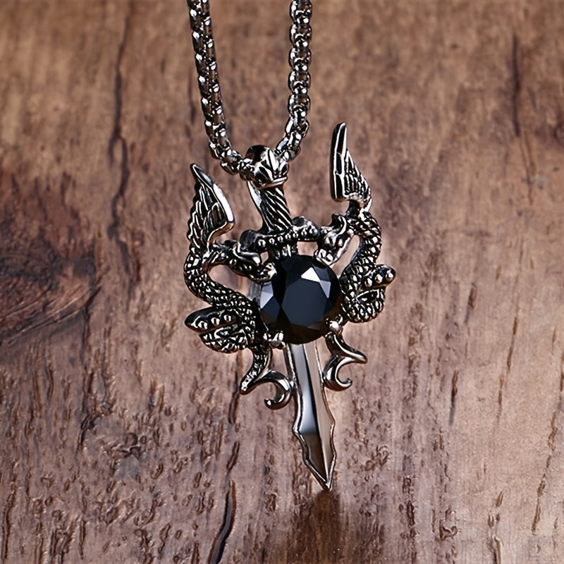 Gothic Knight Double Dragon Cross Sword Pendant Necklace .