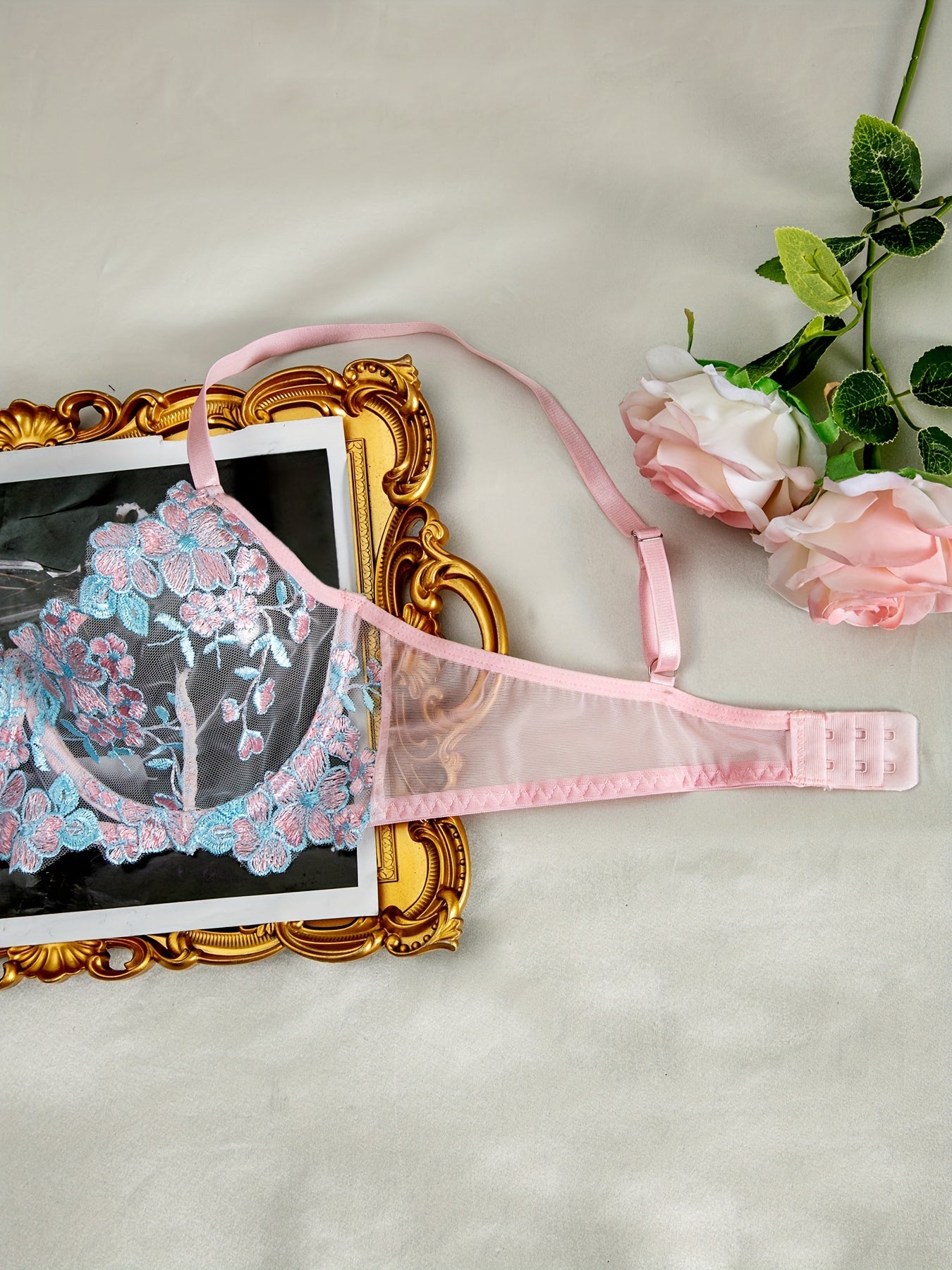 Sexy Lingerie Set, Floral Embroidery Mesh Cami Bra & Panties,/MH