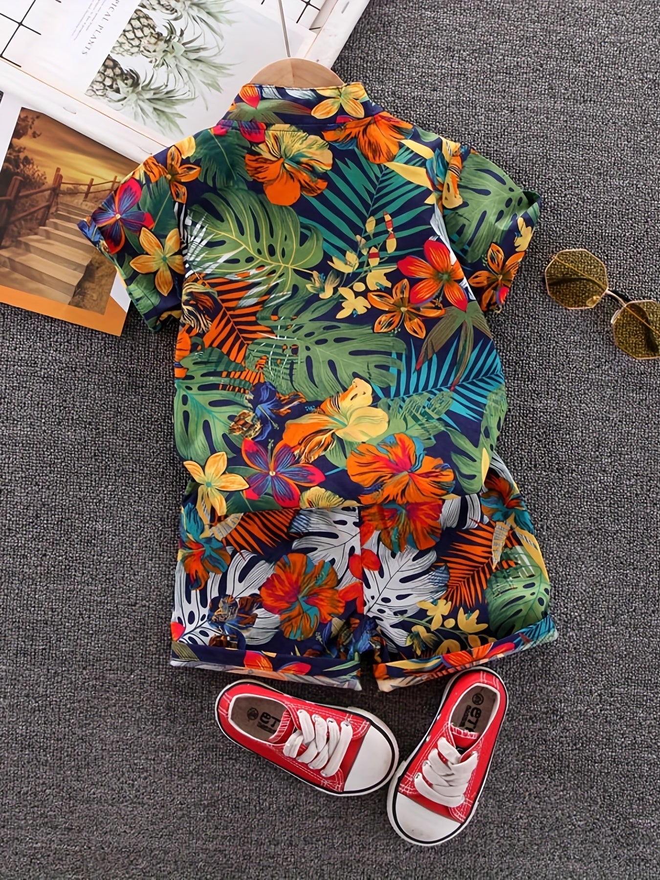 Boys Leaf And Flower Print Casual Outfit Short Sleeves .