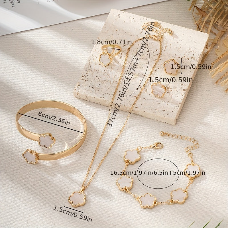 1 Pair Stud Earrings + 1 Pc Necklace + 1 Pc Bracelet + 1 Pc Bangle + 1 Pc Ring - Lucky Flower Design Alloy Jewelry Set for Women -