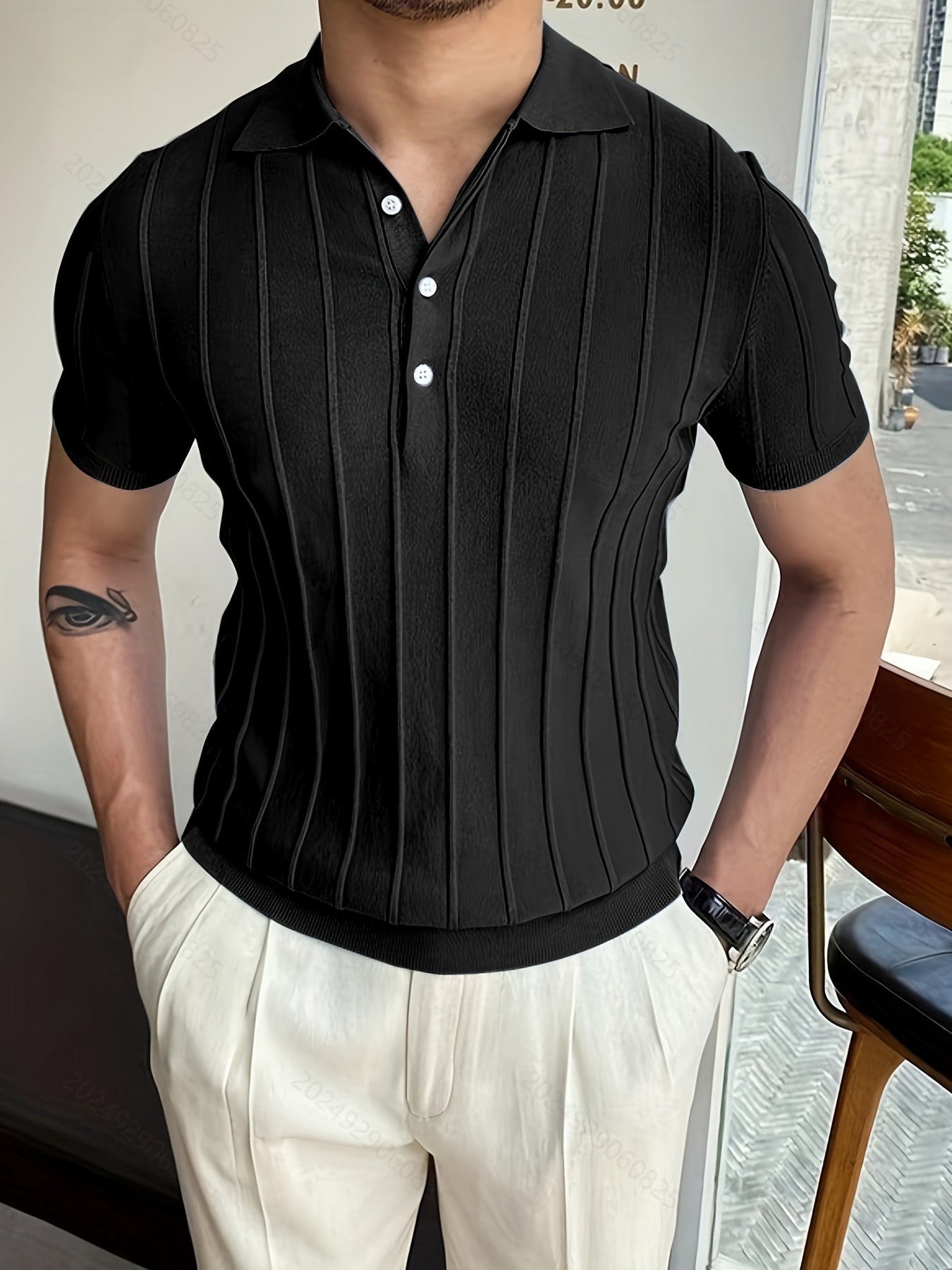 Vertical Striped Chic Shirt, Men's Casual Solid Color High Stretch .