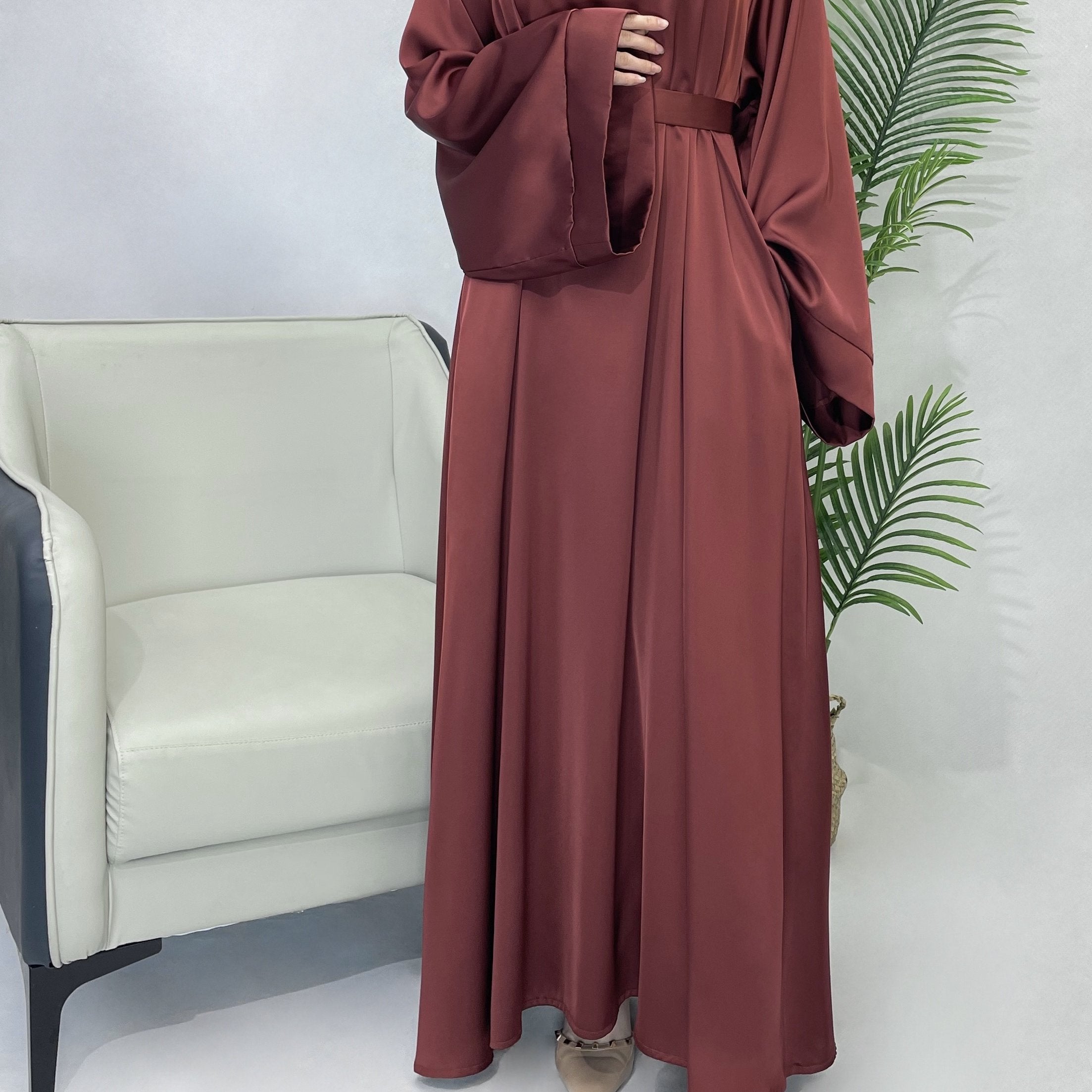 Solid Maxi Kaftan Abaya, Modest Crew Neck Long Sleeve ./MH