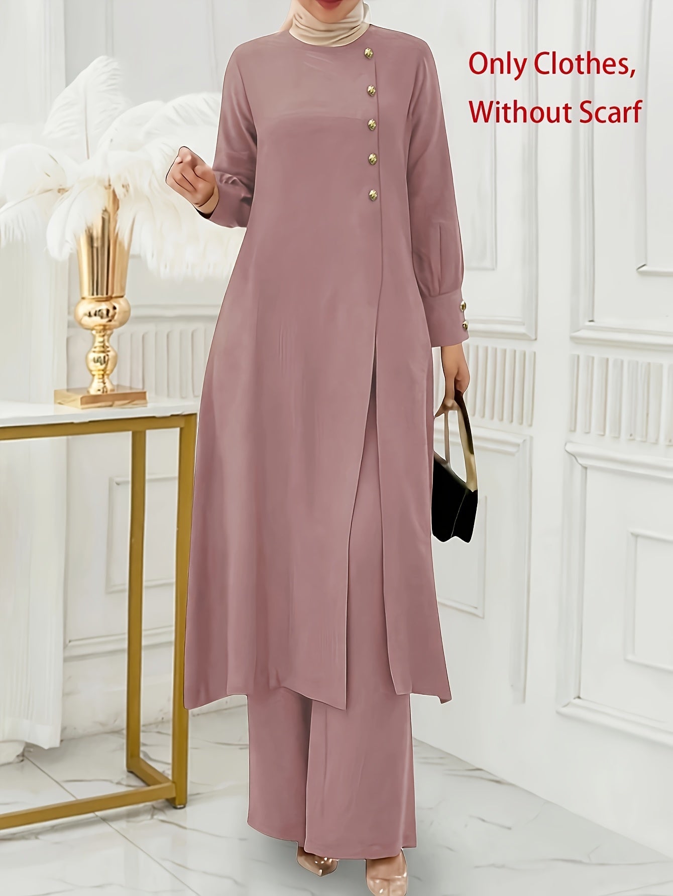 Solid Color Button Design Long Sleeve Top and Pants Set, Arabic Style,/MH