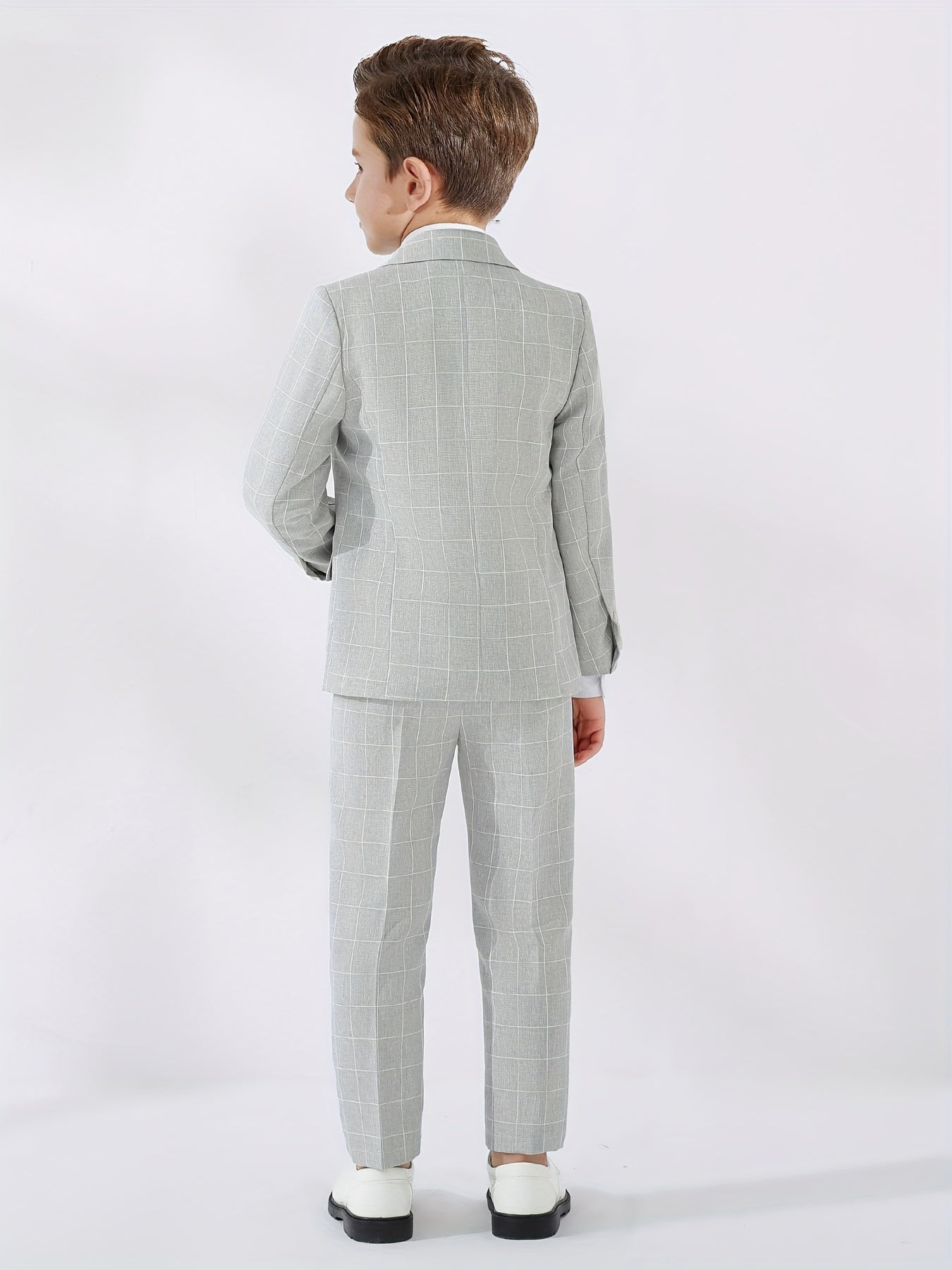 3pcs Boys Formal Plaid Gentleman Outfits, Long Sleeve Blazer.
