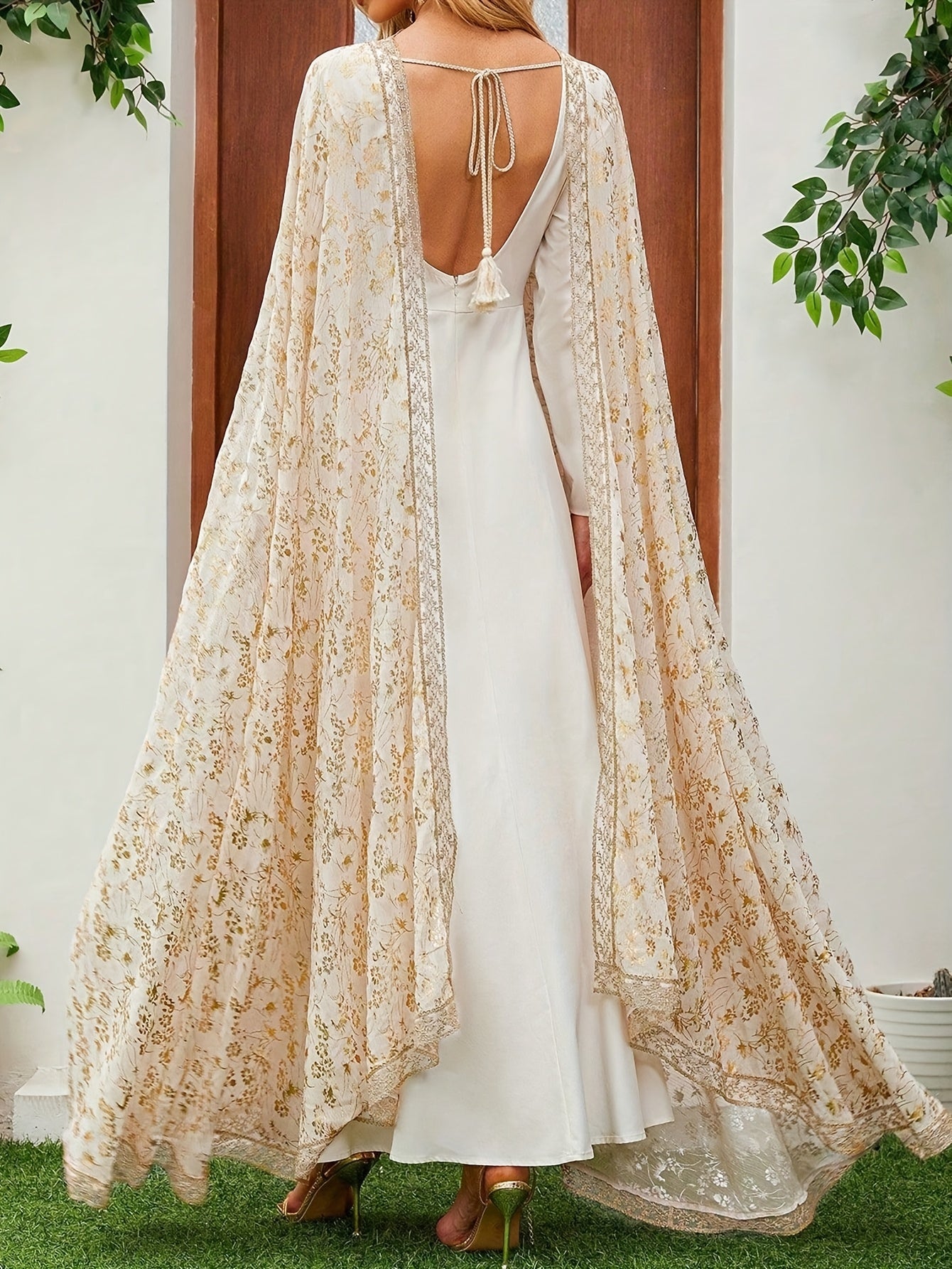 Women'S Floral Pattern Two-Piece Set with Shawl, Elegant Long Sleeve Abaya Dress .MH