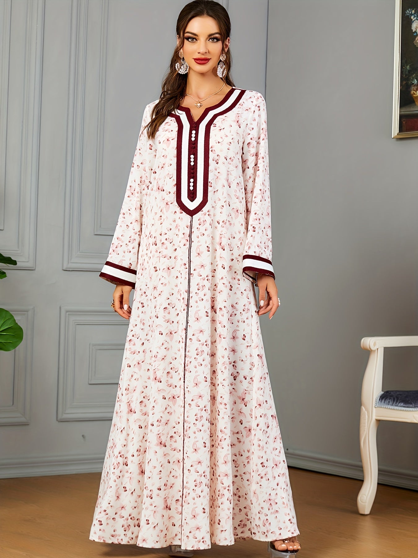 Floral Print Notch Neck Kaftan, Elegant Long Sleeve Maxi women fashion ;/MH