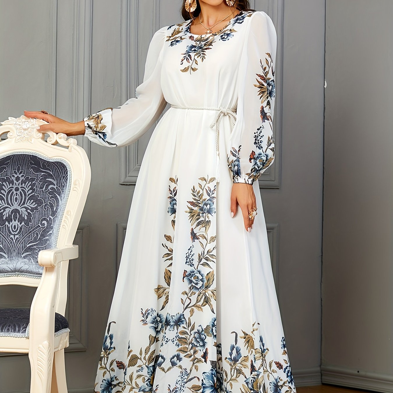 Floral Print Long Sleeve Kaftan Dress, women fashion'/MH