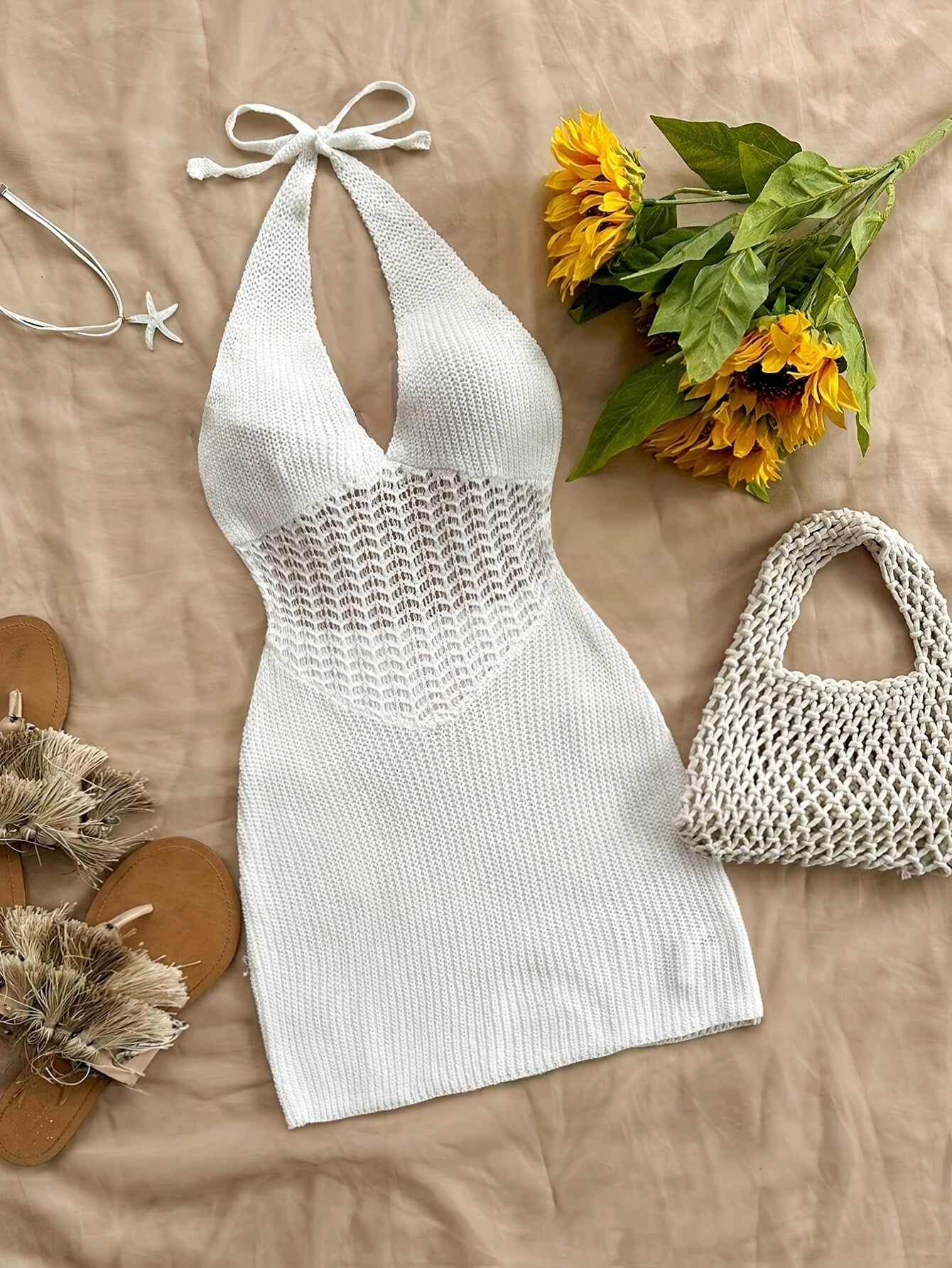 Stylish Vacay Knit Cover Up Dress - Rash Guard Shirts for Women with Halter Tie Neck and Backless Design, Swimwear and Beachwear Clothing for Summer Vacation