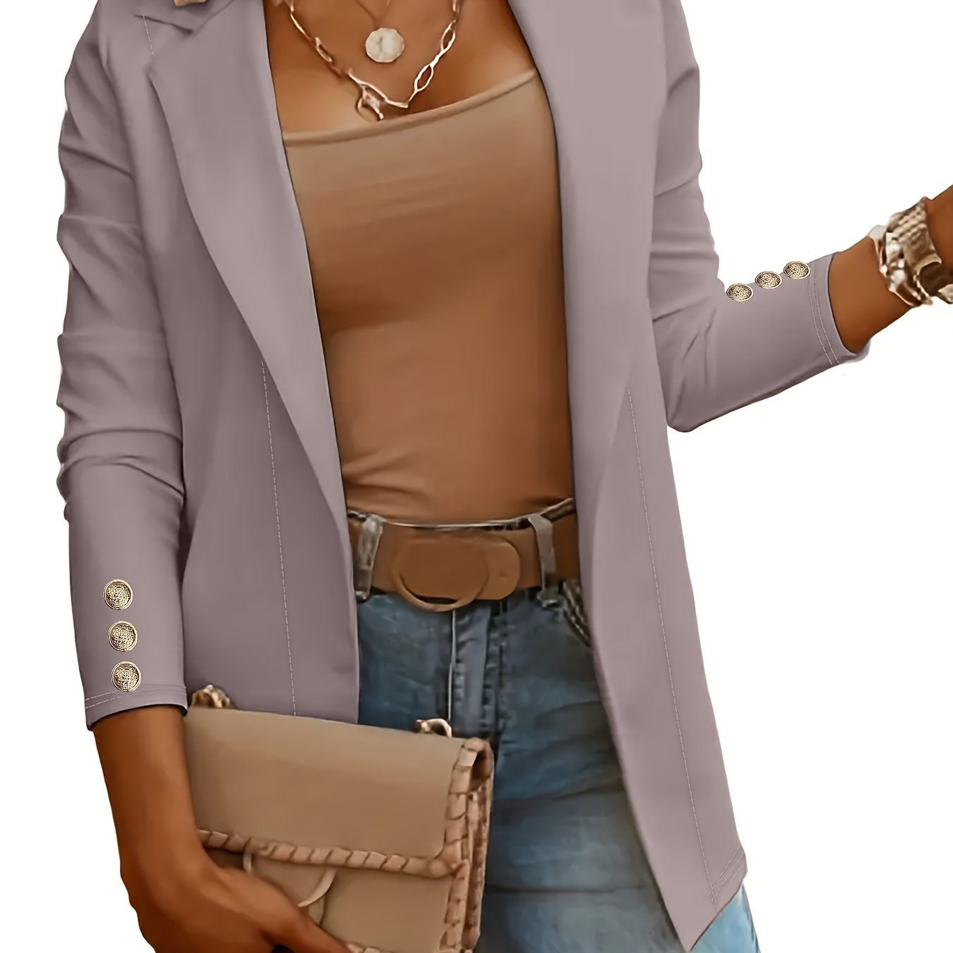 Solid Open Front Lapel Blazer, Elegant Button Decor Long Sleeve Blazer.