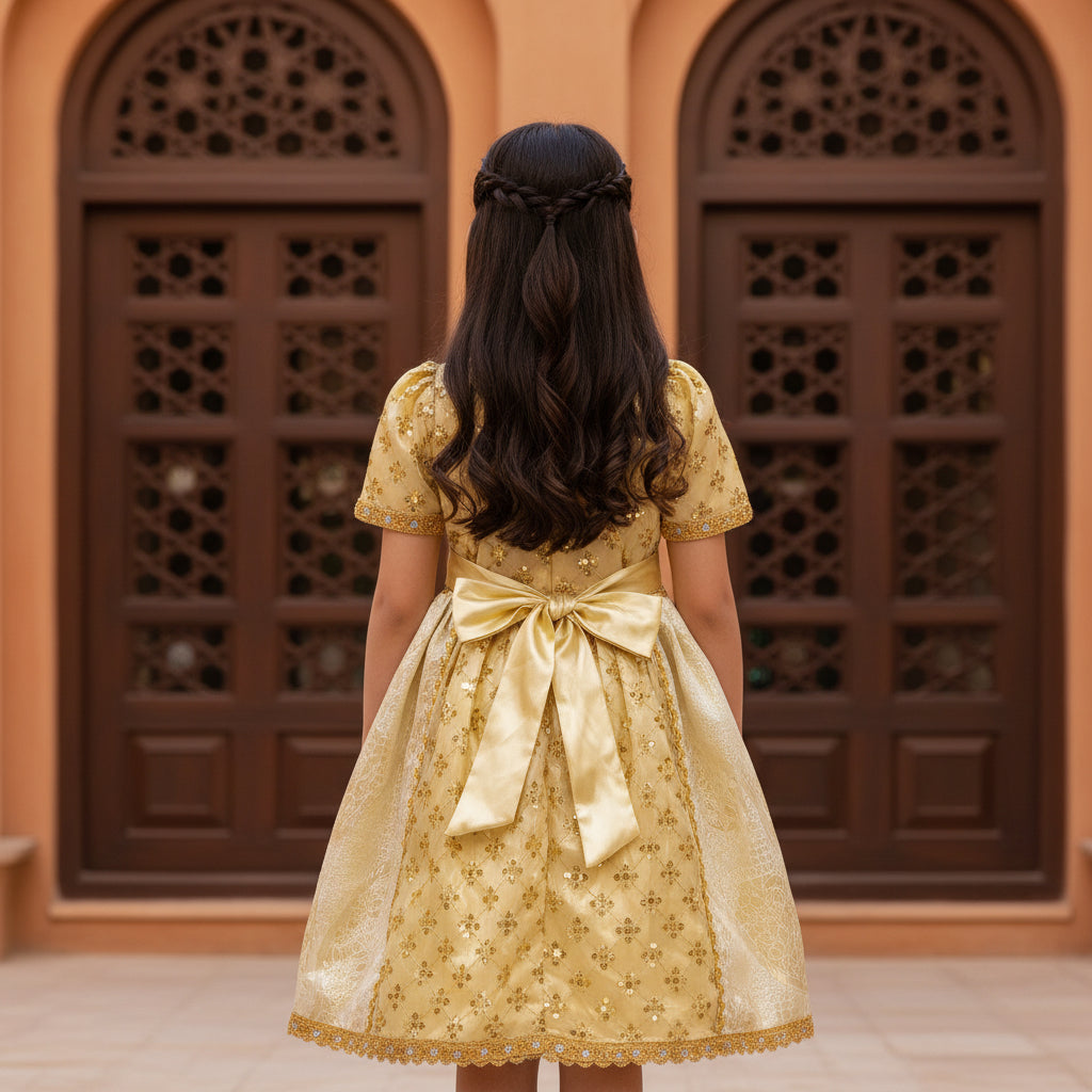 Girls Gold Traditional Eid Dress Embroidered Party Gown | Size 6 Years | MH