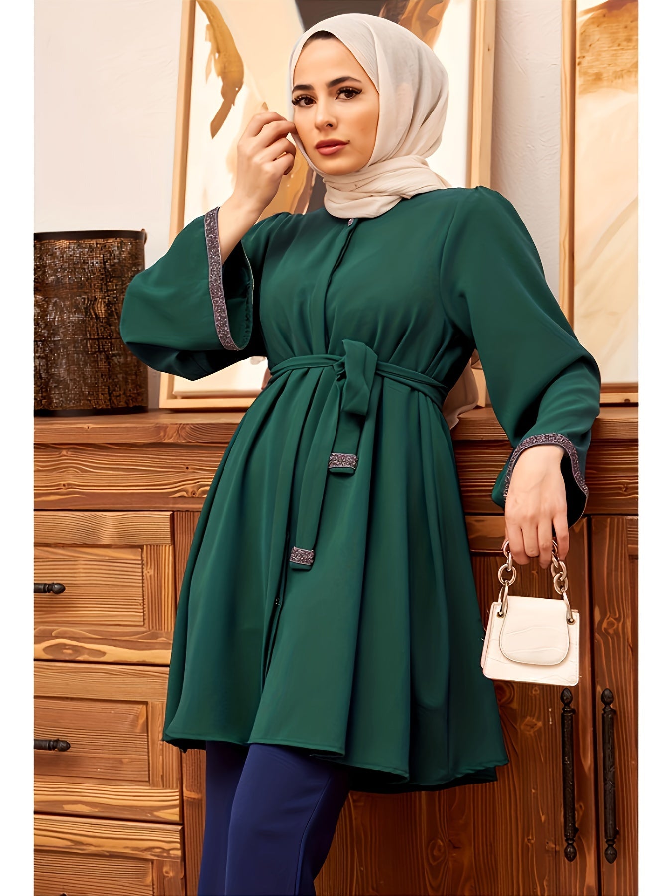 Contrast Trim Belted Button Front Kaftan Shirt, /MH