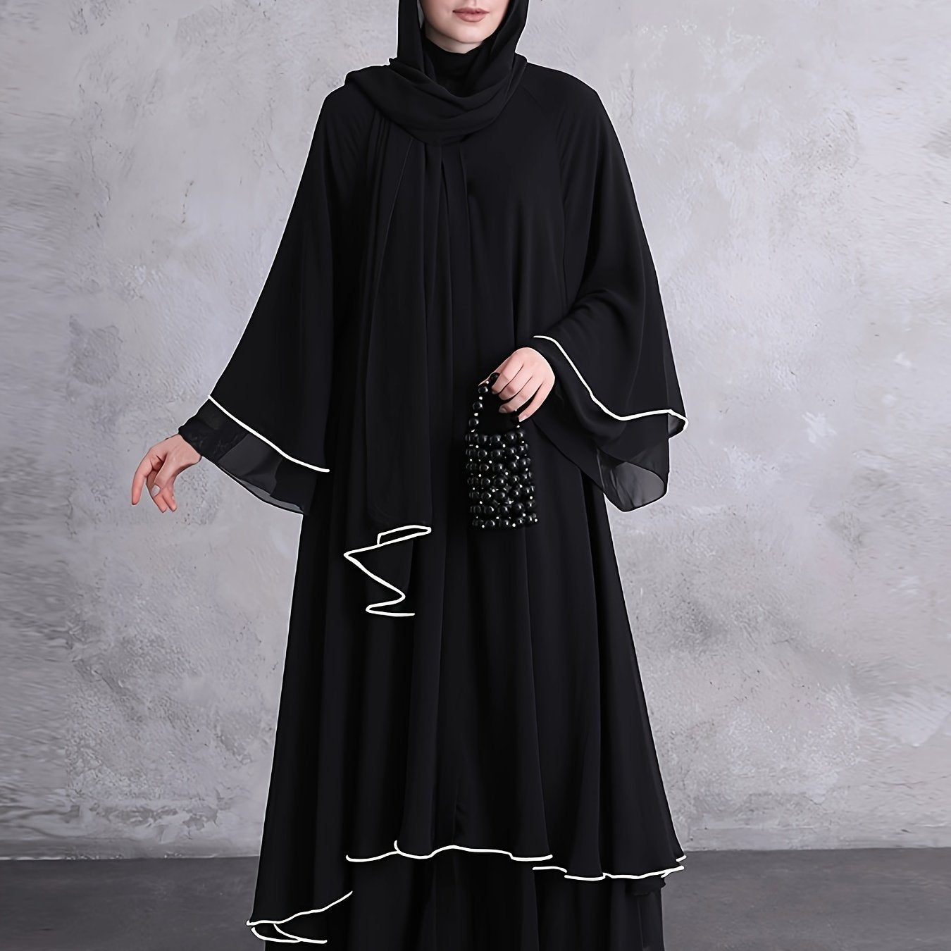 Contrast Trim Long Flare Sleeve Kaftan Dress, /MH