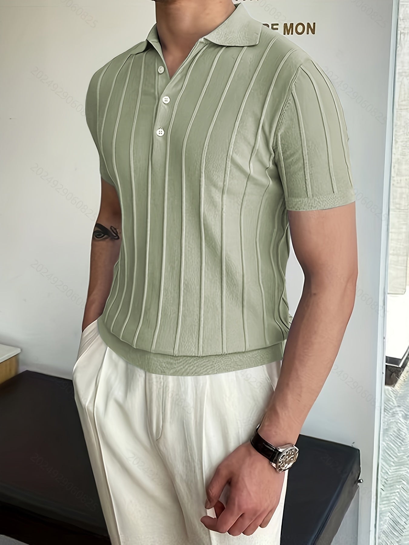 Vertical Striped Chic Shirt, Men's Casual Solid Color High Stretch .