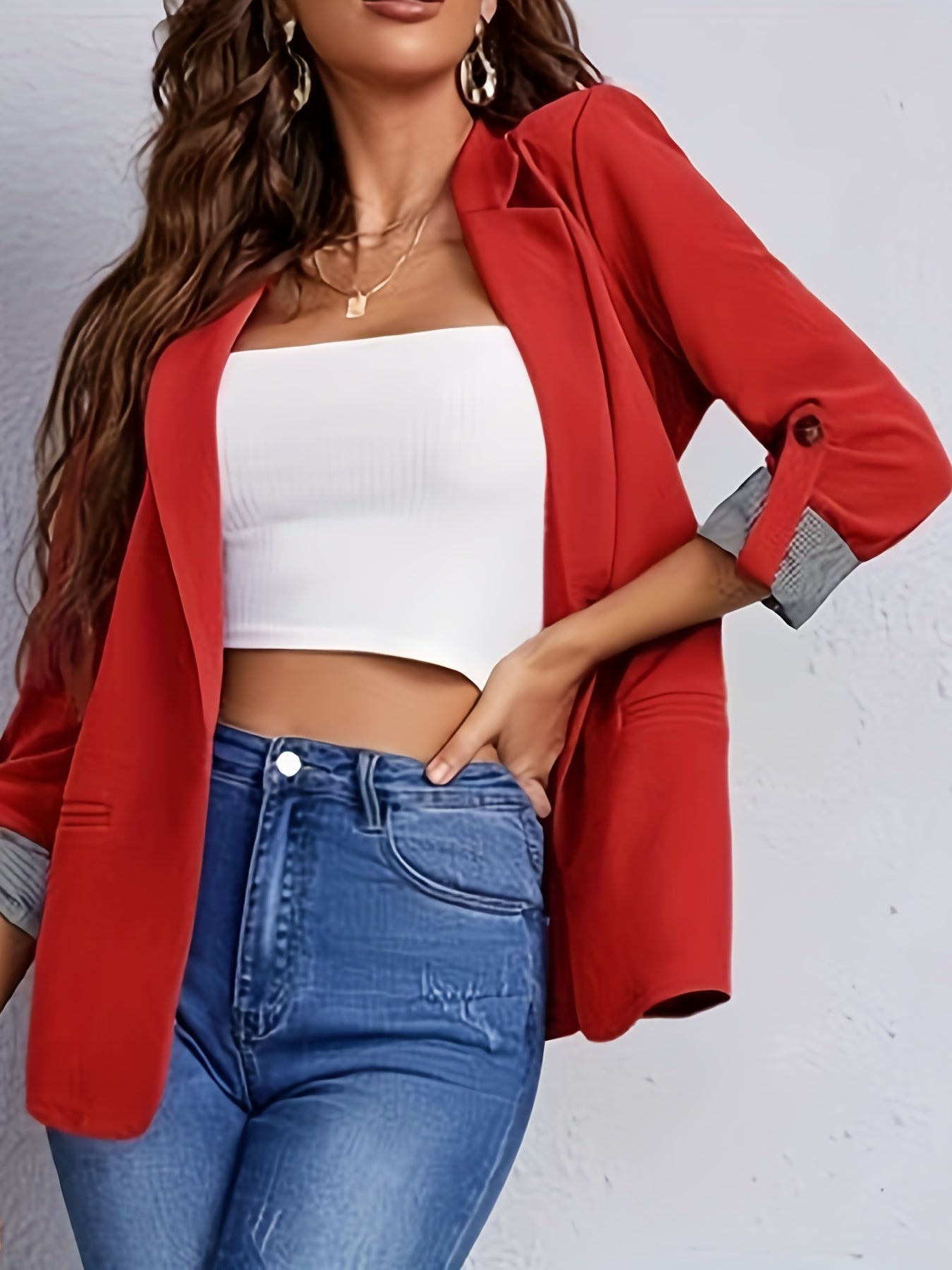 Solid Color Open Front Blazer, Elegant Lapel Neck Single Button.