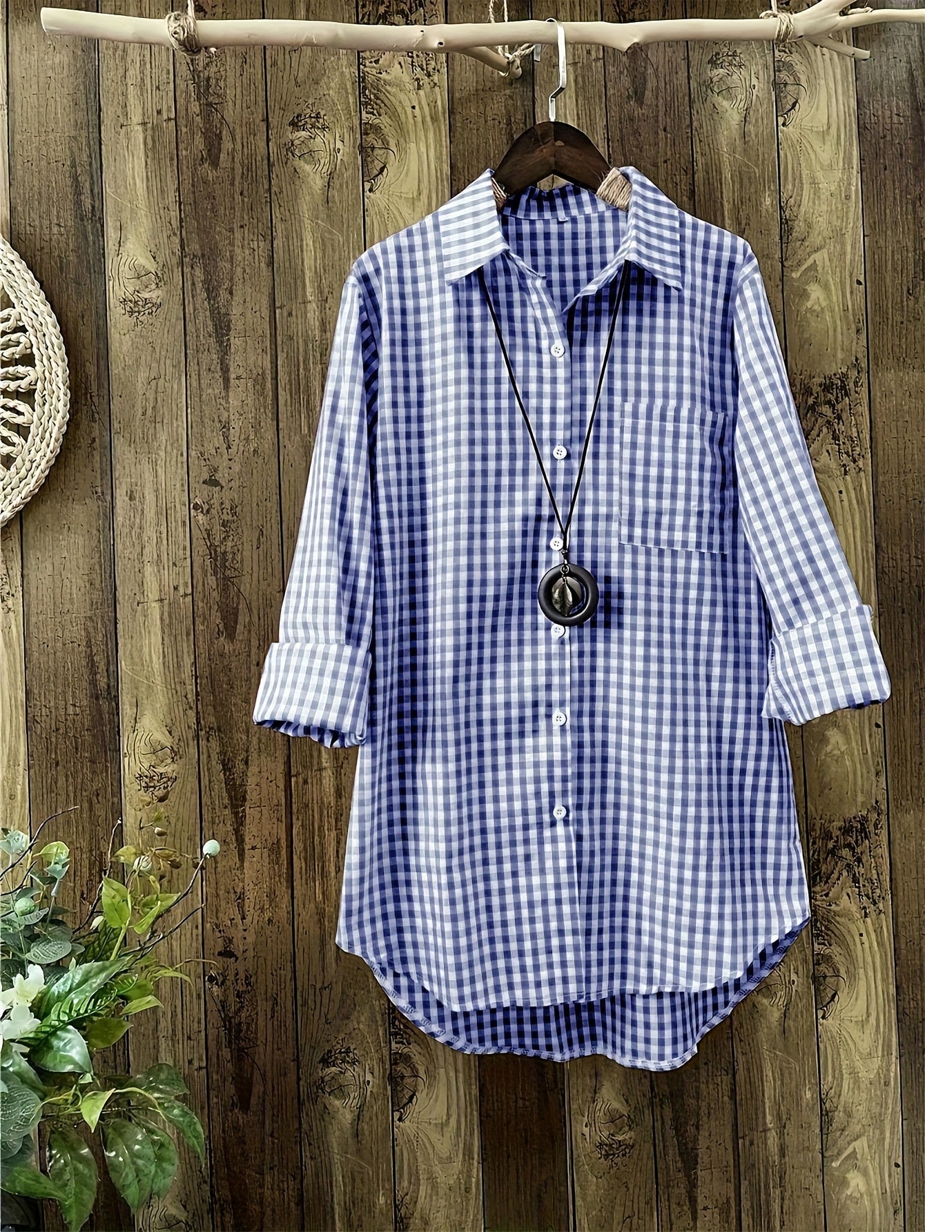Women'S Casual Long Sleeve Gingham Check Shirt - Light Blue & White,