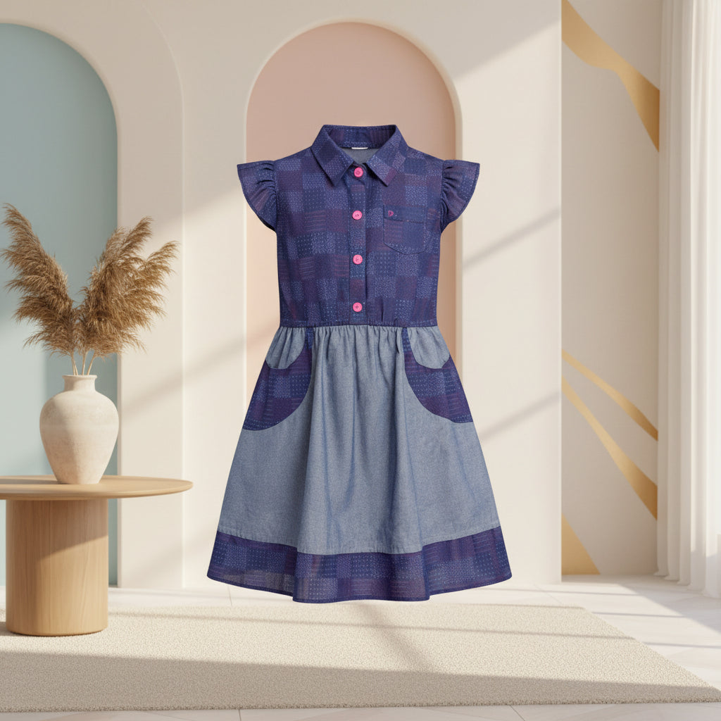 Girls Premium Denim Patchwork Dress with Pink Buttons (2–12 Years) | MH Kids UAE