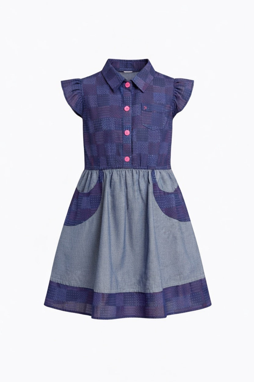 Girls Premium Denim Patchwork Dress with Pink Buttons (2–12 Years) | MH Kids UAE