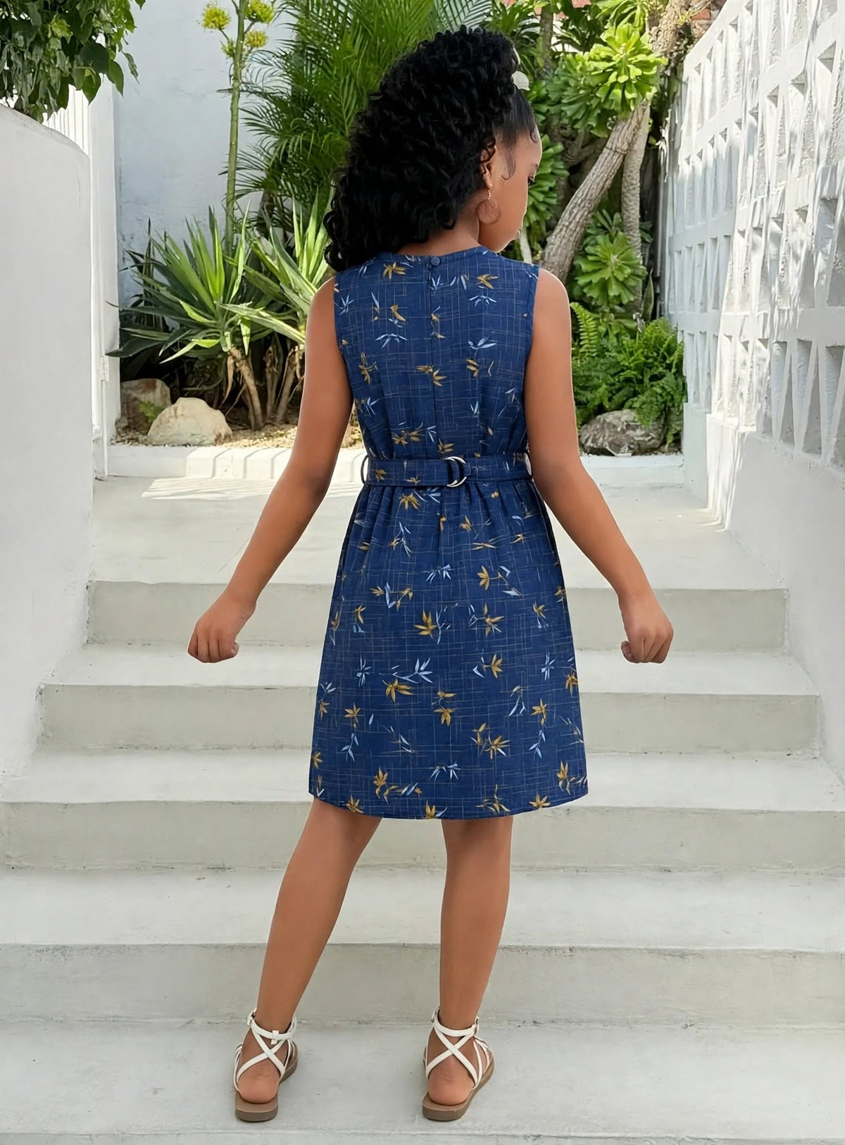 Girls Navy Blue Bamboo Print Sleeveless Dress with Belt | MH Kids Summer Casual Dress Age(2-12Years)