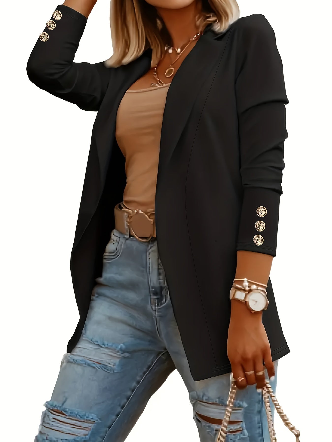 Solid Open Front Lapel Blazer, Elegant Button Decor Long Sleeve Blazer.