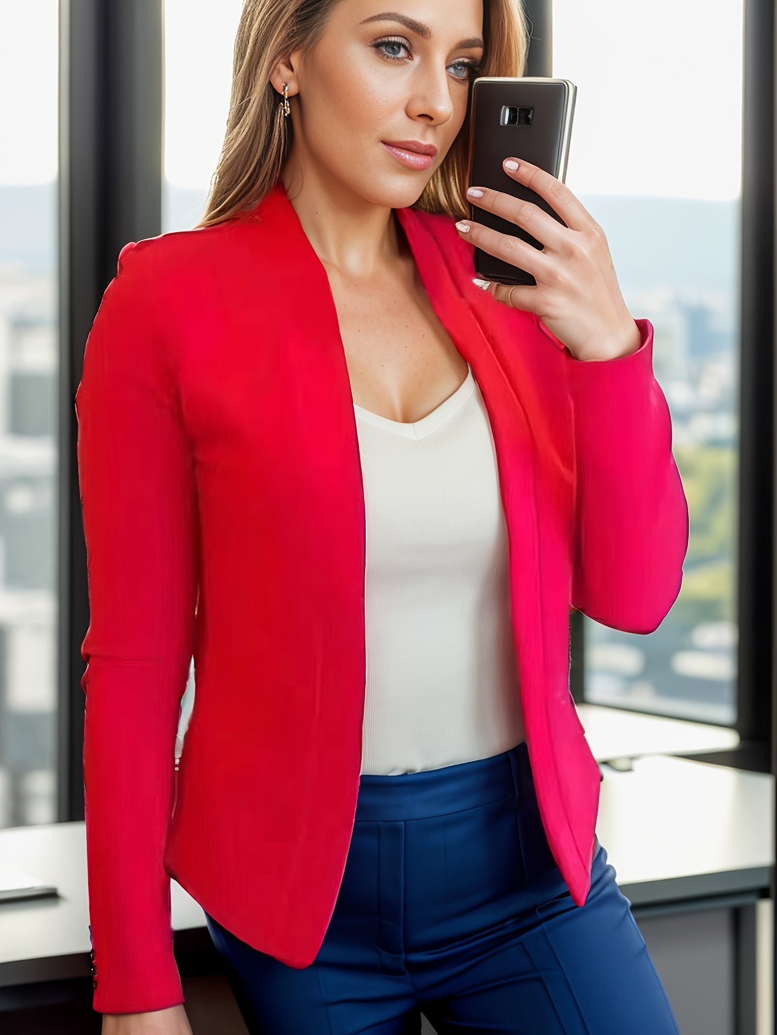 Solid Lapel Blazer, Casual Long Sleeve Blazer For Office & Work,