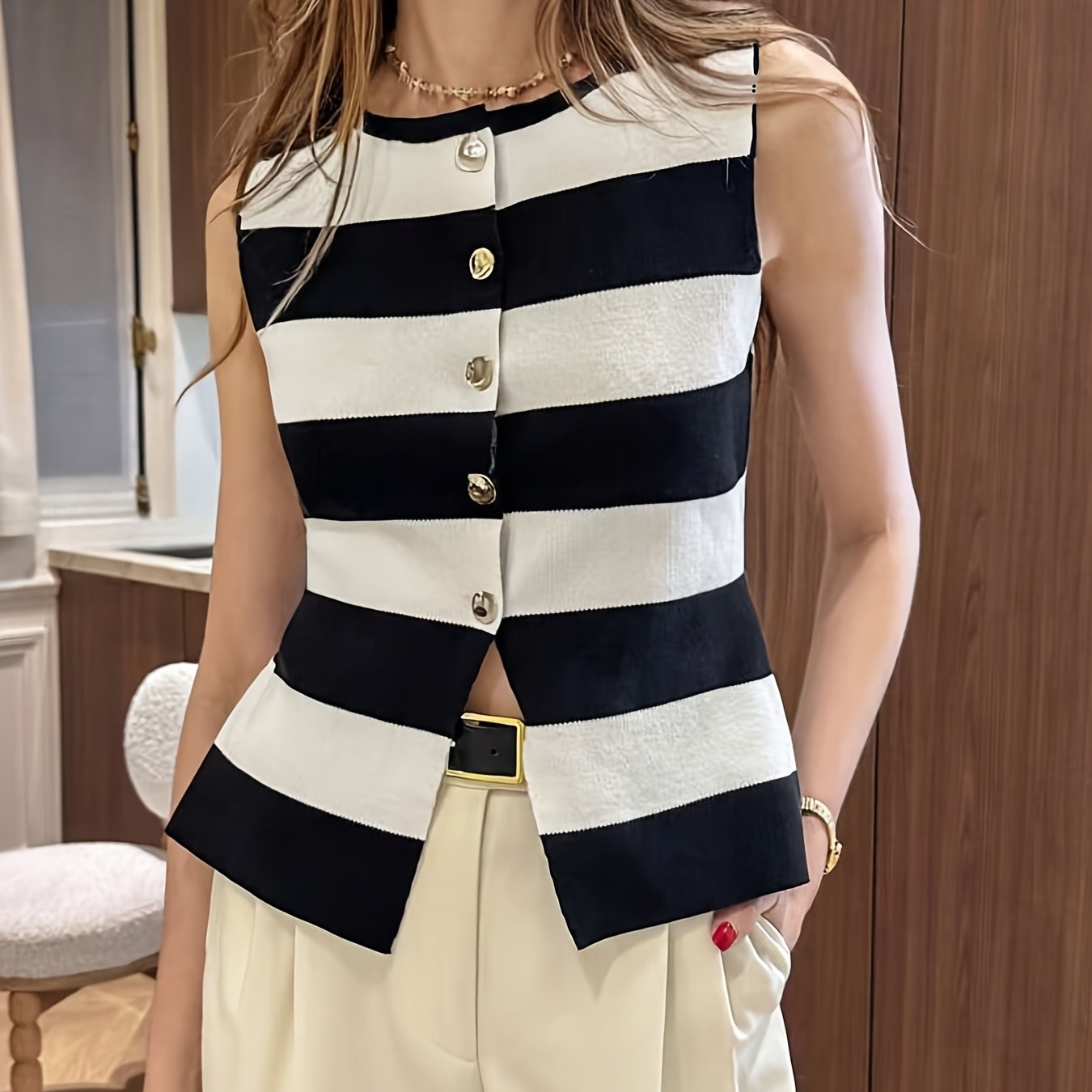 Women'S Navy & White Horizontal Stripe Button-Front Cardigan .