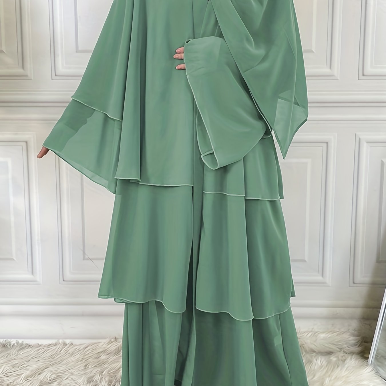Layered Open Front Modest Dress, Long Sleeve Muslim Dress'/MH