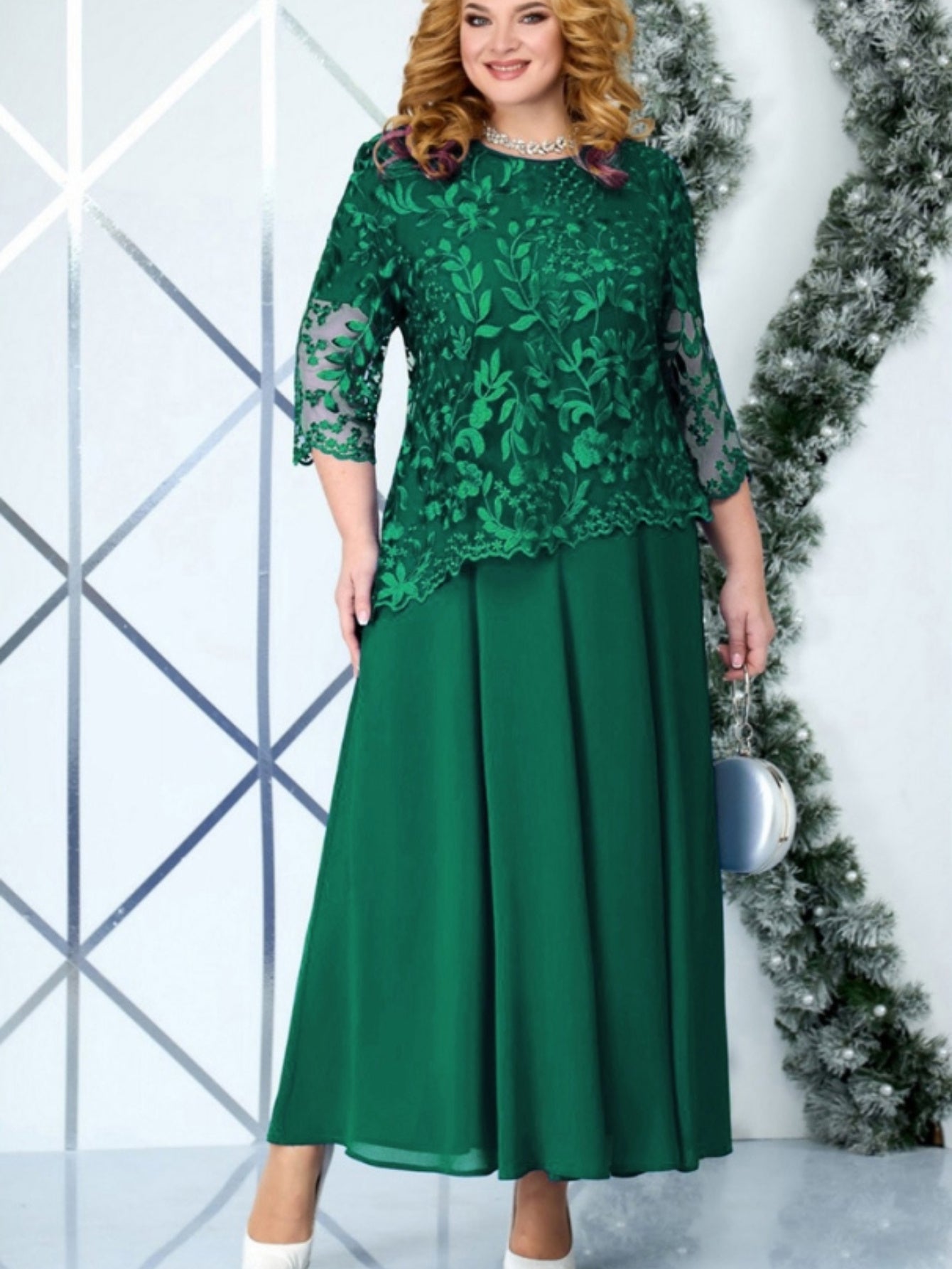 Plus Size Elegant Embroidered Lace Midi Dress for Women - ./MH