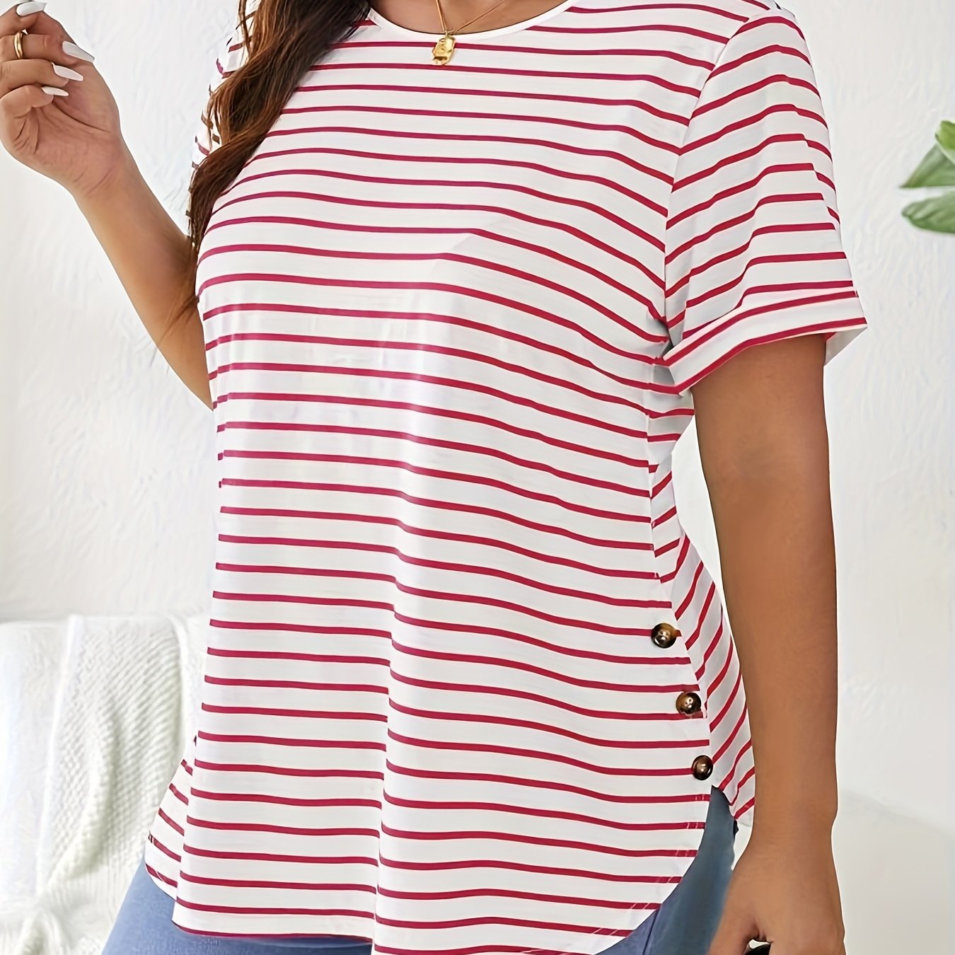 [Elegant T-Shirt] Elegant Striped Women's Plus Size T-Shirt /MH