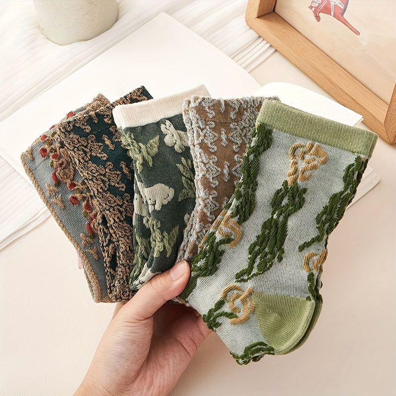 5 Pairs Floral Print Socks, Comfy & Cute Mid Tube Socks, /MH