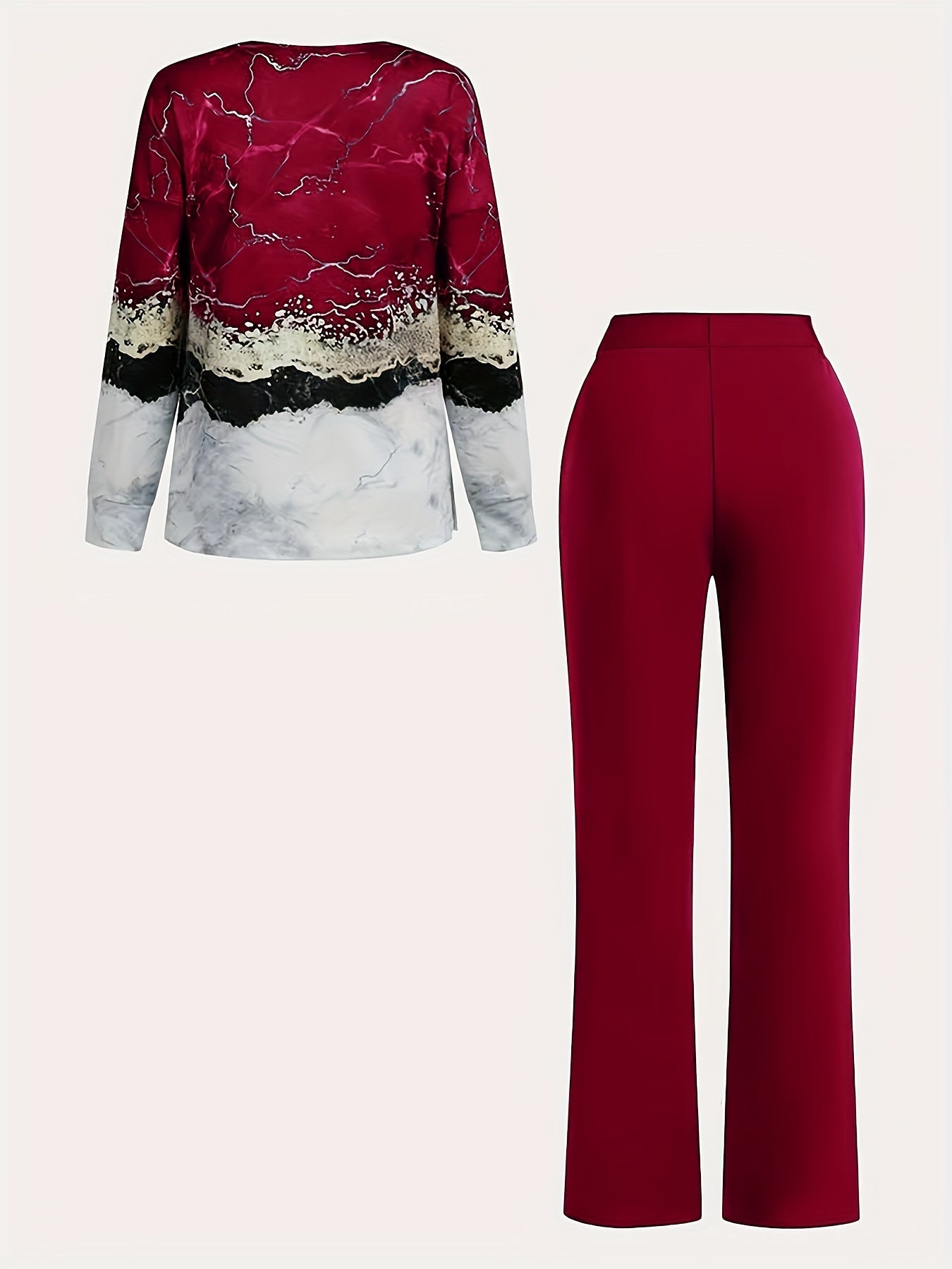 All Over Print Two-piece Set, V Neck Long Sleeve Top & Wide Leg Pants Outfits, Women's Clothing