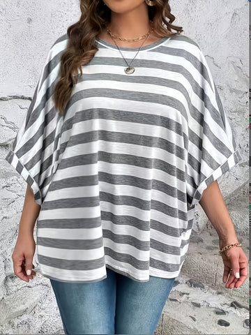 Plus Size Women's Elegant Vertical Striped Batwing Sleeve T-Shirt .